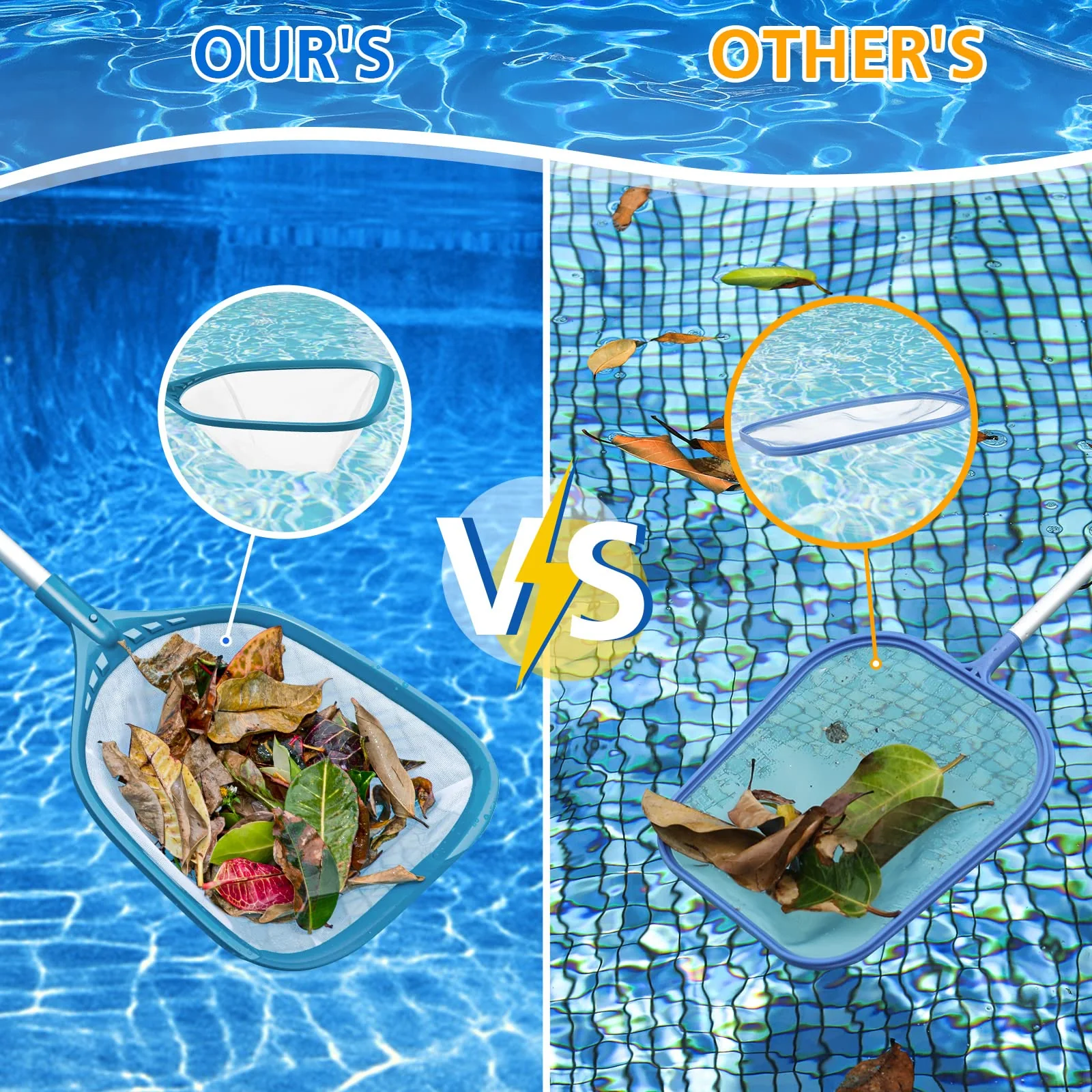 SORSWEET Professional Pool Skimmer Net 57 inch with 4 Aluminum Poles - Fine Mesh for Fast Debris Removal - Ideal Pool Nets for Cleaning Ponds, Spas, and Hot Tubs - Efficient Pool Maintenance - Image 5
