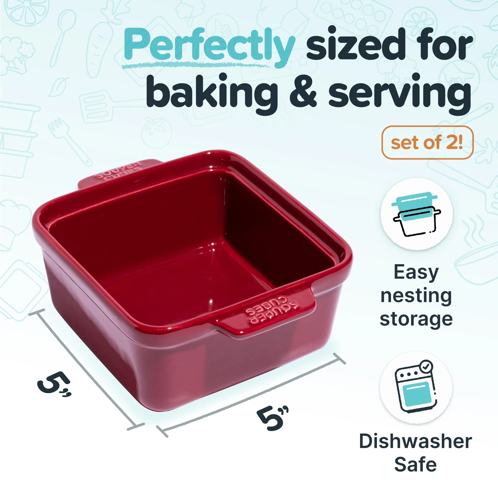 Souper Cubes Stoneware - 5" x 5" Baking Dishes for Oven with Silicone Covers, Premium Mini Ceramic Baking Dishes, Perfect for Reheating Individual Portions in Oven or Microwave, Set of 2 - Cranberry - Image 4
