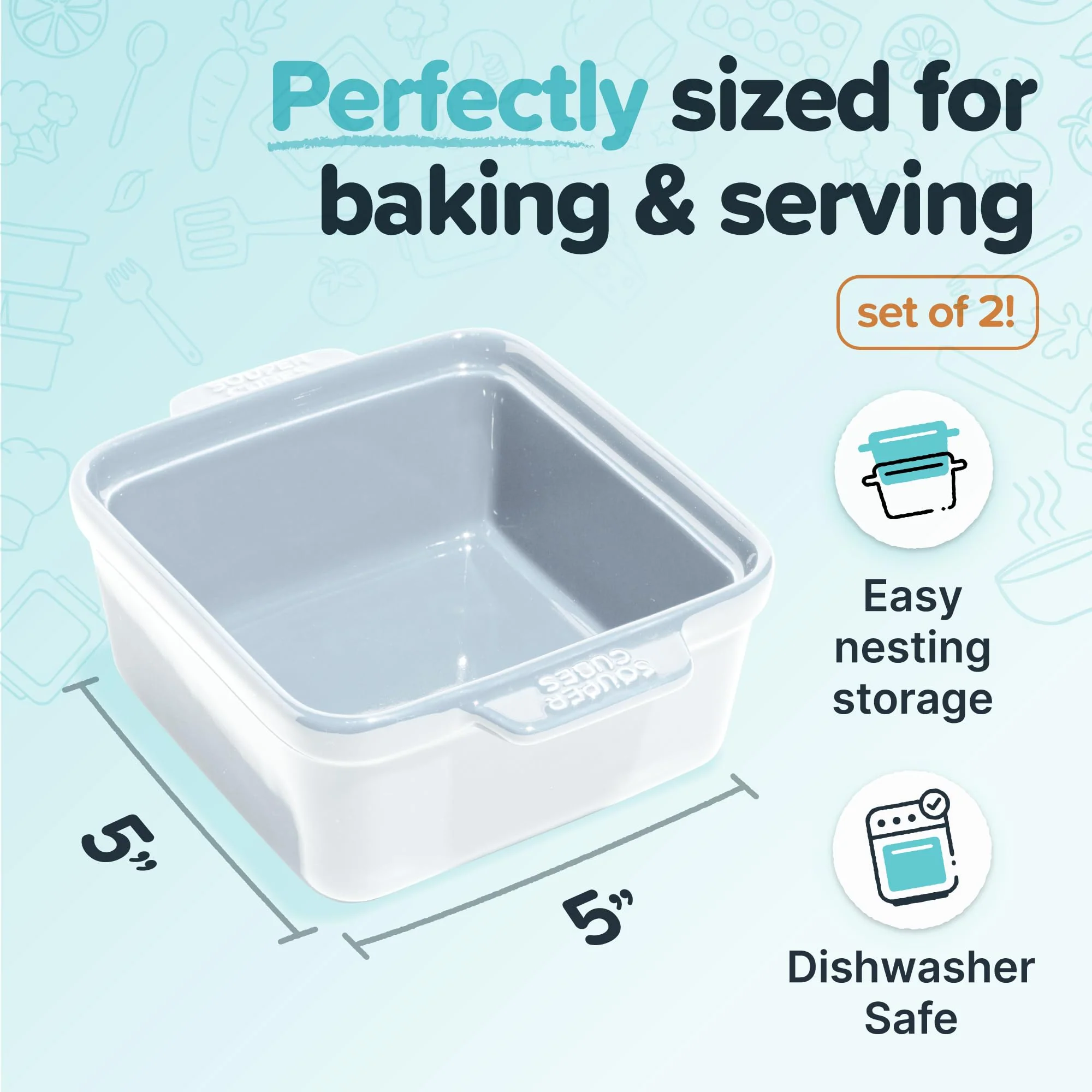 Souper Cubes Stoneware - 5" x 5" Baking Dishes for Oven with Silicone Covers, Premium Mini Ceramic Baking Dishes, Perfect for Reheating Individual Portions in Oven or Microwave, Set of 2 - White - Image 4