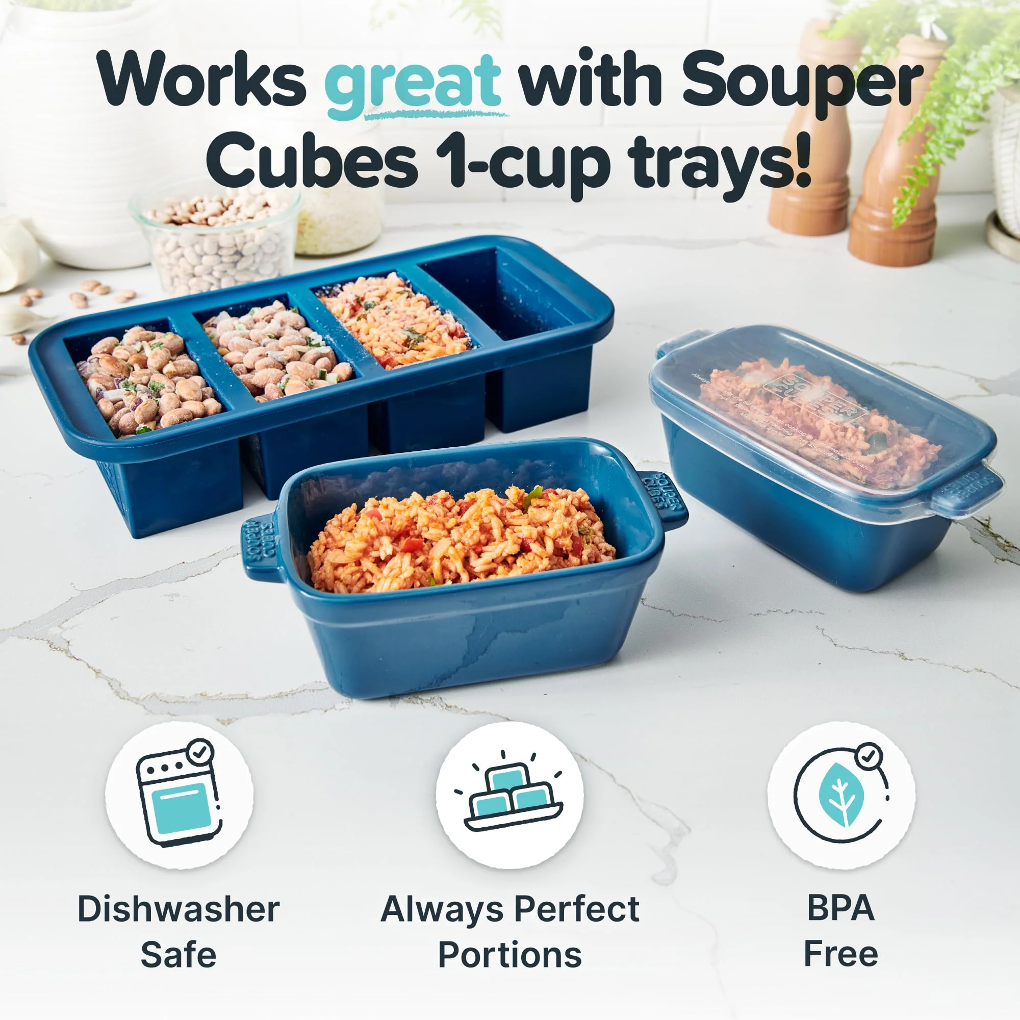 Souper Cubes Stoneware - Small Ceramic 5" x 3" Baking Dish with Silicone Covers, Small Baking Dishes for Oven Perfect for Reheating Single Serve Portions, Set of 4 - Blueberry - Image 2