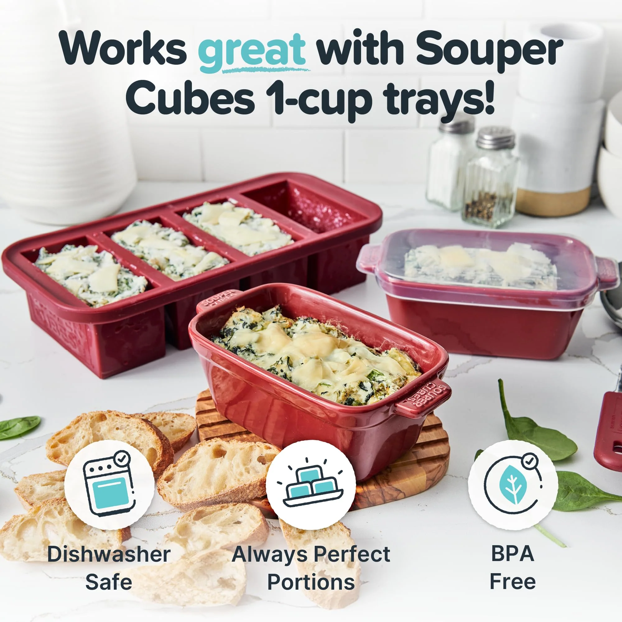 Souper Cubes Stoneware - Small Ceramic 5" x 3" Baking Dish with Silicone Covers, Small Baking Dishes for Oven Perfect for Reheating Single Serve Portions, Set of 4 - Cranberry - Image 2