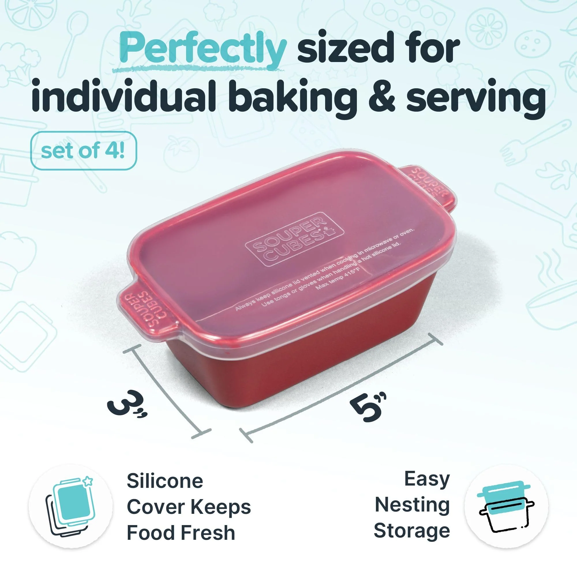 Souper Cubes Stoneware - Small Ceramic 5" x 3" Baking Dish with Silicone Covers, Small Baking Dishes for Oven Perfect for Reheating Single Serve Portions, Set of 4 - Cranberry - Image 3