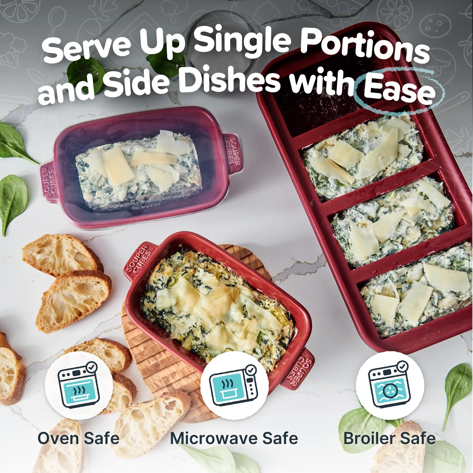 Souper Cubes Stoneware - Small Ceramic 5" x 3" Baking Dish with Silicone Covers, Small Baking Dishes for Oven Perfect for Reheating Single Serve Portions, Set of 4 - Cranberry - Image 4