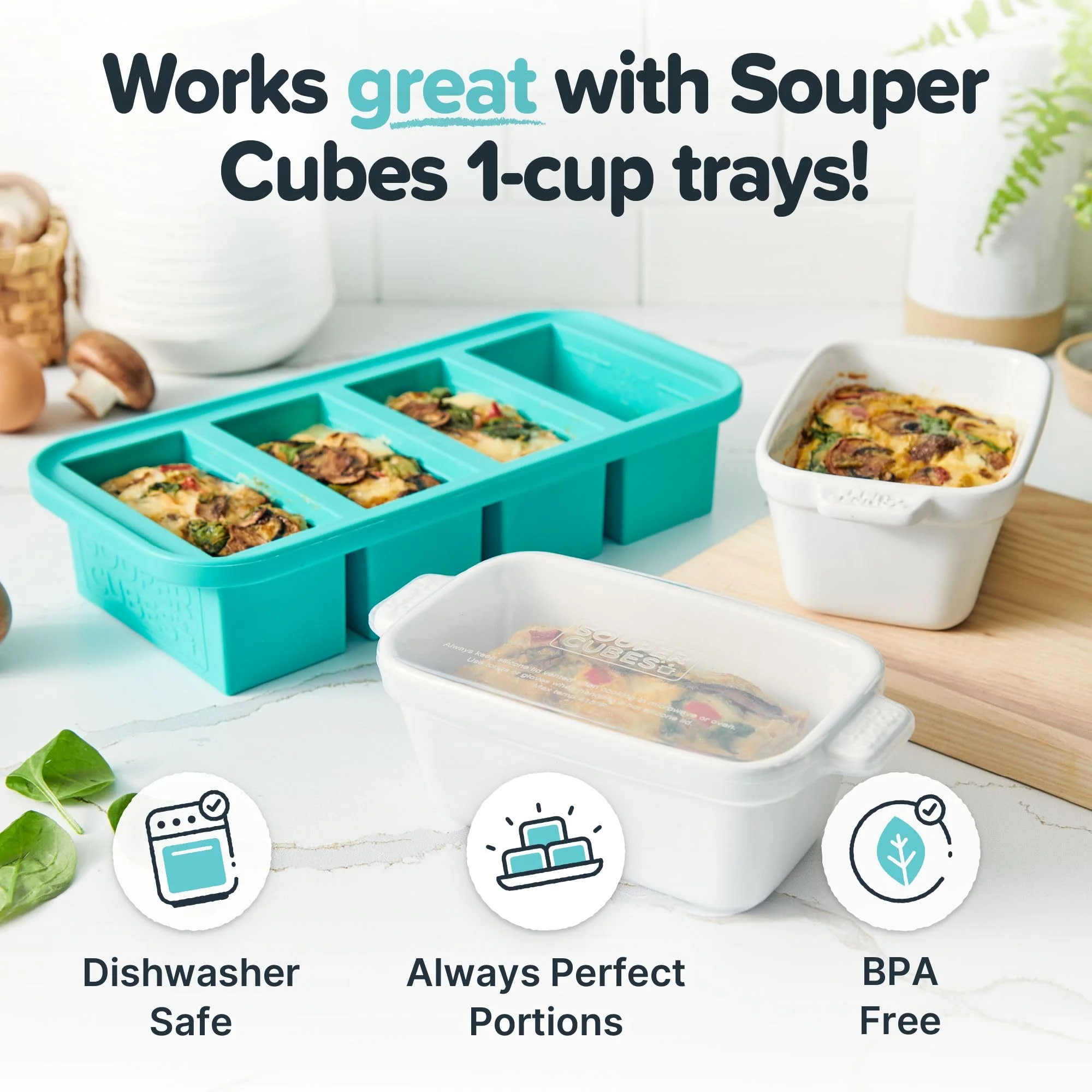 Souper Cubes Stoneware - Small Ceramic 5" x 3" Baking Dish with Silicone Covers, Small Baking Dishes for Oven Perfect for Reheating Single Serve Portions, Set of 4 - White - Image 2