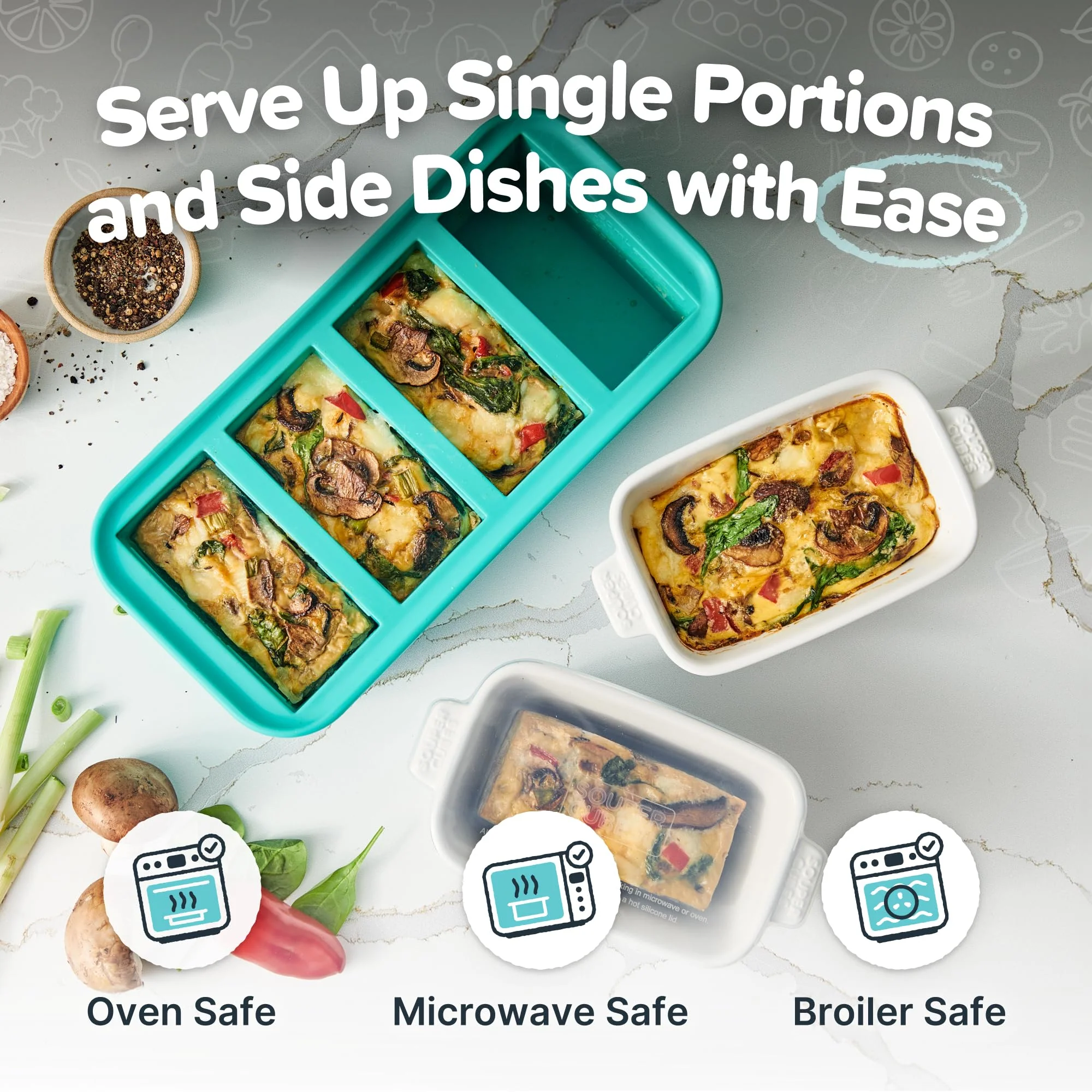 Souper Cubes Stoneware - Small Ceramic 5" x 3" Baking Dish with Silicone Covers, Small Baking Dishes for Oven Perfect for Reheating Single Serve Portions, Set of 4 - White - Image 3
