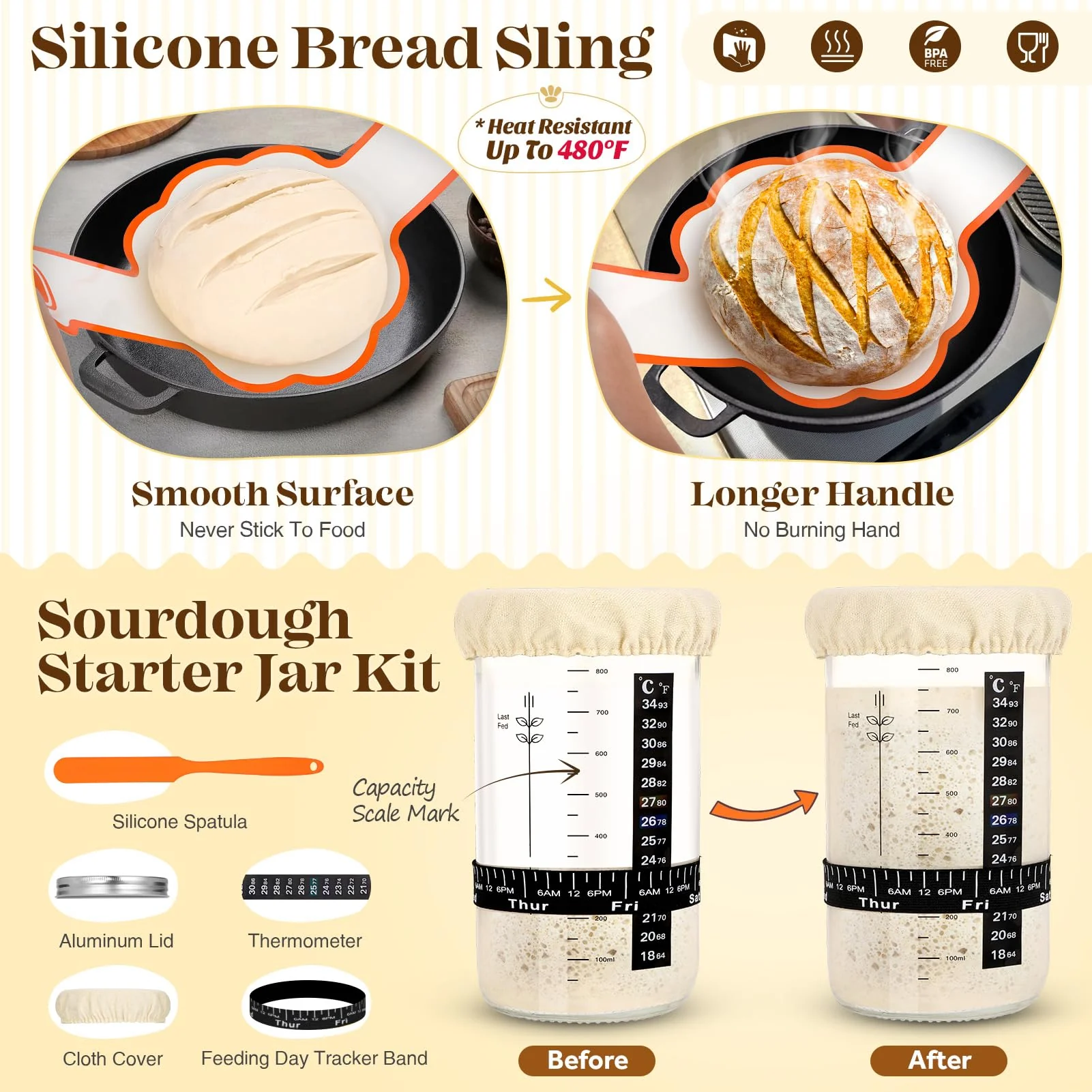 Sourdough Bread Baking Supplies, Sourdough Starter Kit, Bread Proofing Basket, Bread Making Tools Kit, Sour Dough Kit Tools, Sourdough Proofing Basket, Sourdough Kit Gifts for Bakers Women Wife Mom - Image 3