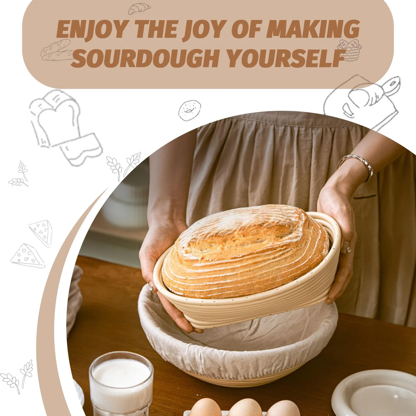 Sourdough Proofing Basket Gift Set, 9" Round and 10" Oval Banneton Bread Baking Supplies, Sourdough Baskets with Bread Lame, Danish Whish, Bowl Scraper, Sourdough Scraper, and Linen Liners - Image 3