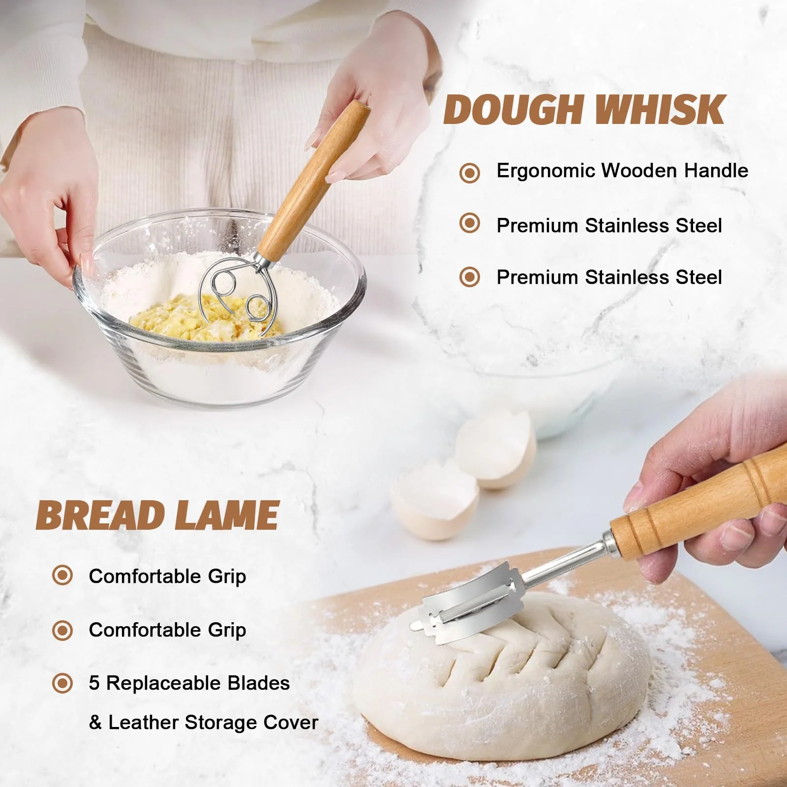Sourdough Proofing Basket Gift Set, 9" Round and 10" Oval Banneton Bread Baking Supplies, Sourdough Baskets with Bread Lame, Danish Whish, Bowl Scraper, Sourdough Scraper, and Linen Liners - Image 7