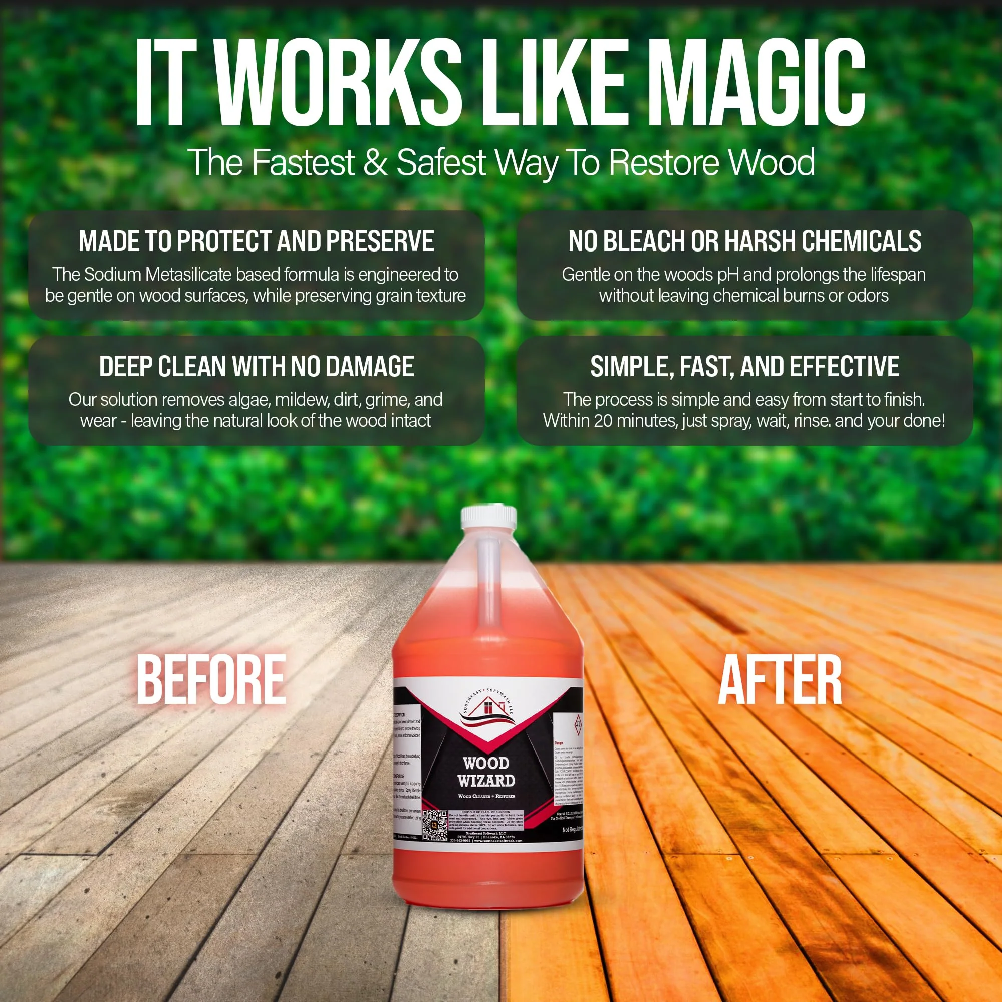 Southeast Softwash Wood Wizard | Heavy Duty Wood Floor Cleaner & Stain Remover | No-Bleach Wooden Floor Cleaner for Decks, Fences, & Docks | Odorless Concentrated Solution (1 Gallon Jug, 4 Pack) - Image 5