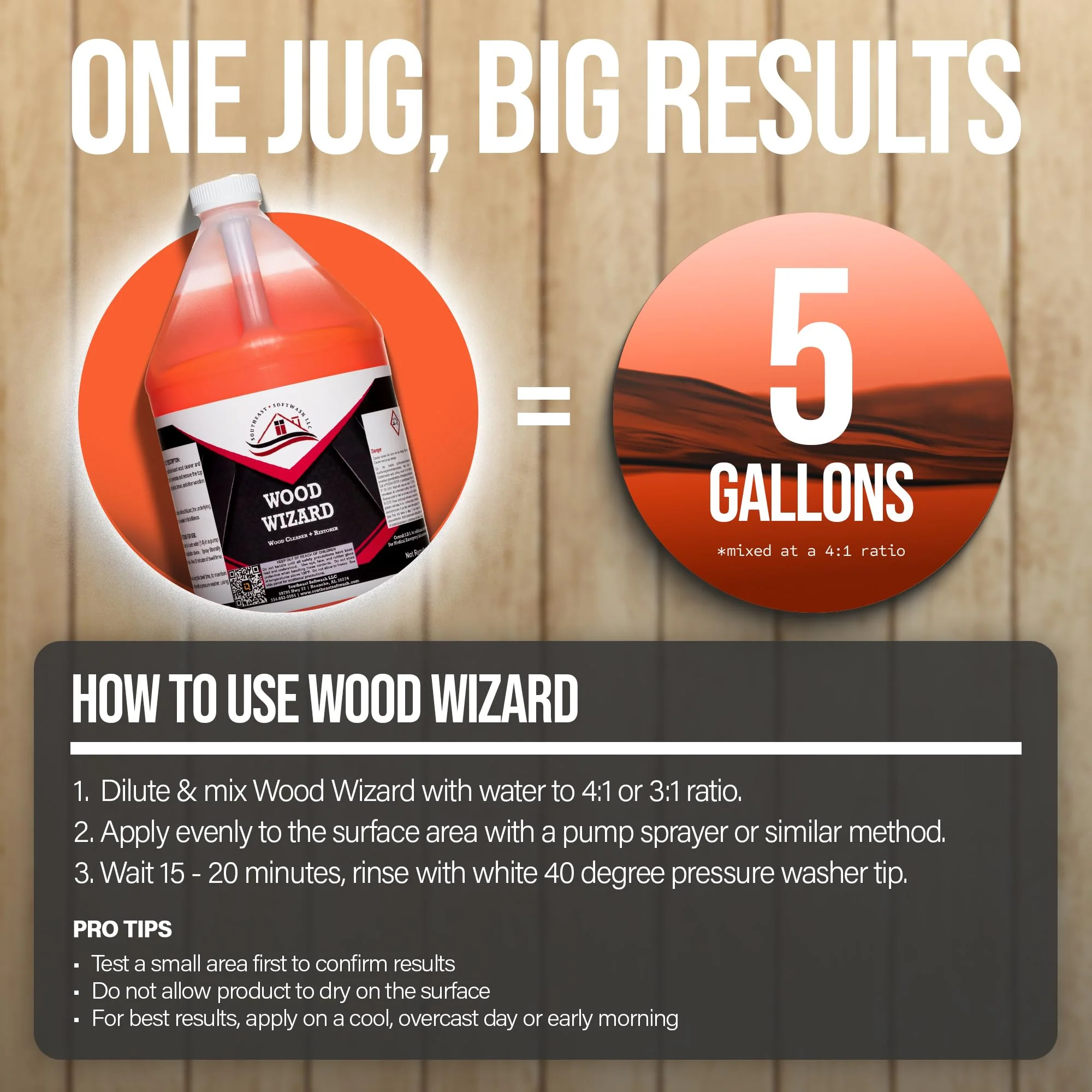 Southeast Softwash Wood Wizard | Heavy Duty Wood Floor Cleaner & Stain Remover | No-Bleach Wooden Floor Cleaner for Decks, Fences, & Docks | Odorless Concentrated Solution (1 Gallon Jug, 4 Pack) - Image 6