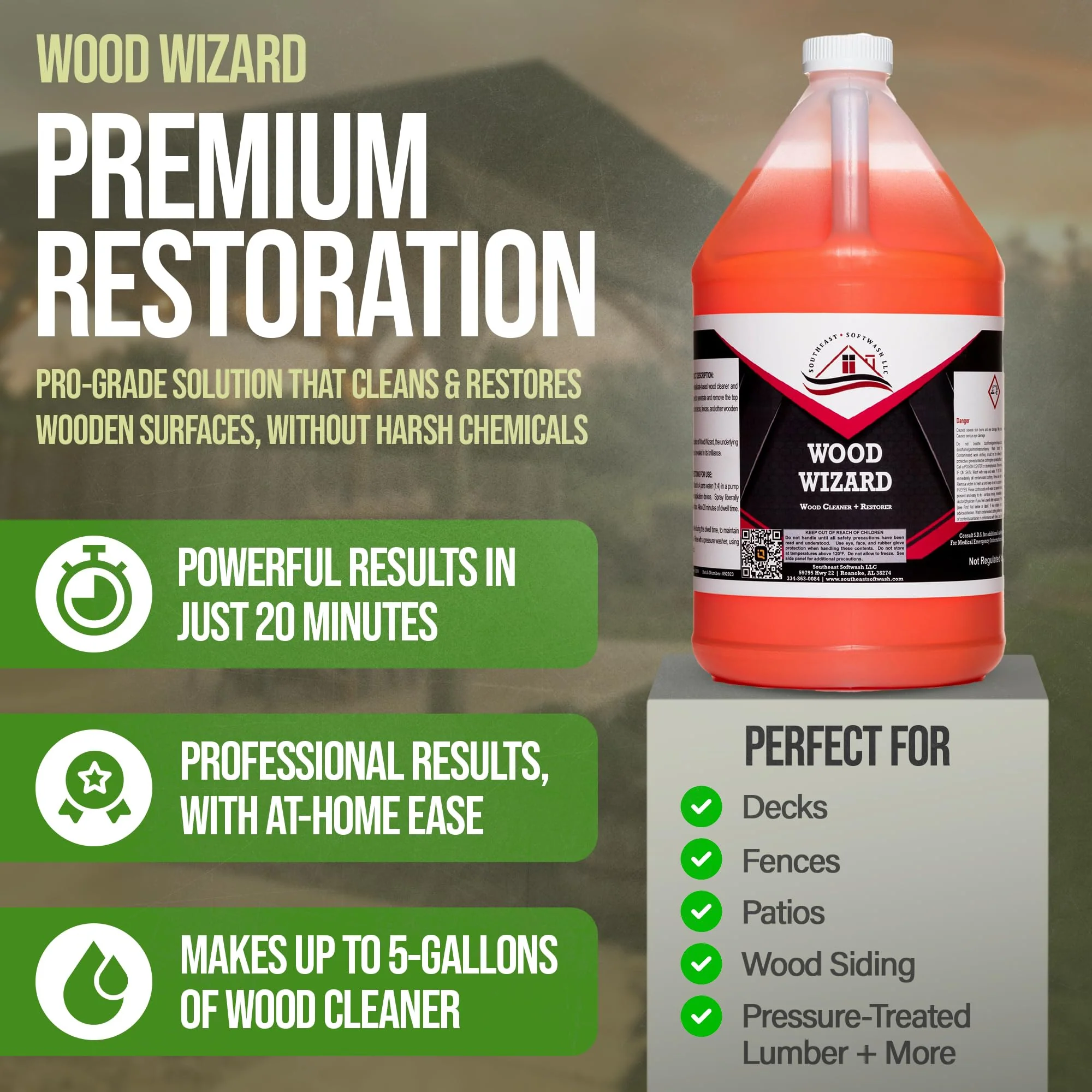 Southeast Softwash Wood Wizard | Heavy Duty Wood Floor Cleaner & Stain Remover | No-Bleach Wooden Floor Cleaner for Decks, Fences, & Docks | Odorless Concentrated Solution (1 Gallon Jug, 4 Pack) - Image 7