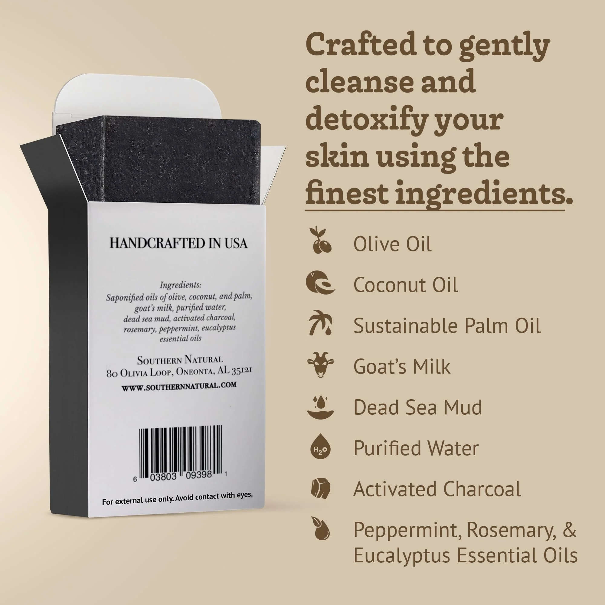 Southern Natural Activated Charcoal Soap Bar (3 Pack) Face and Body Soap For Sensitive Skin With Dead Sea Mud, Goat Milk & Peppermint Essential Oil - Image 4