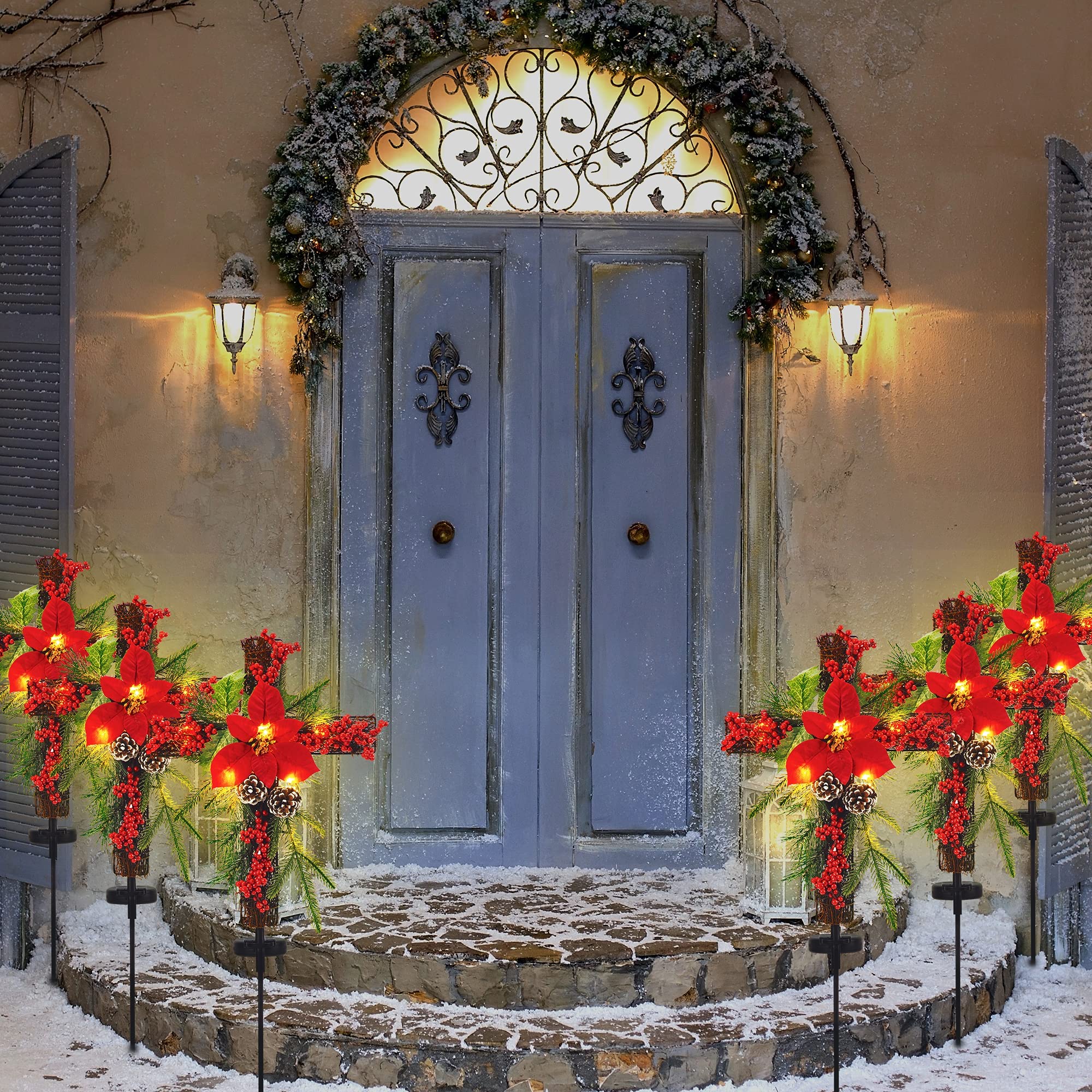 SOWSUN Solar Christmas Decorations Outdoor LED Lights, Xmas Waterproof Cross Stake, Cemetery Grave Decorations,Faux Pine Cones and Foliage Ornament Stakes for Garden Lawn Yard Cemetery, Set of 2 - Image 2
