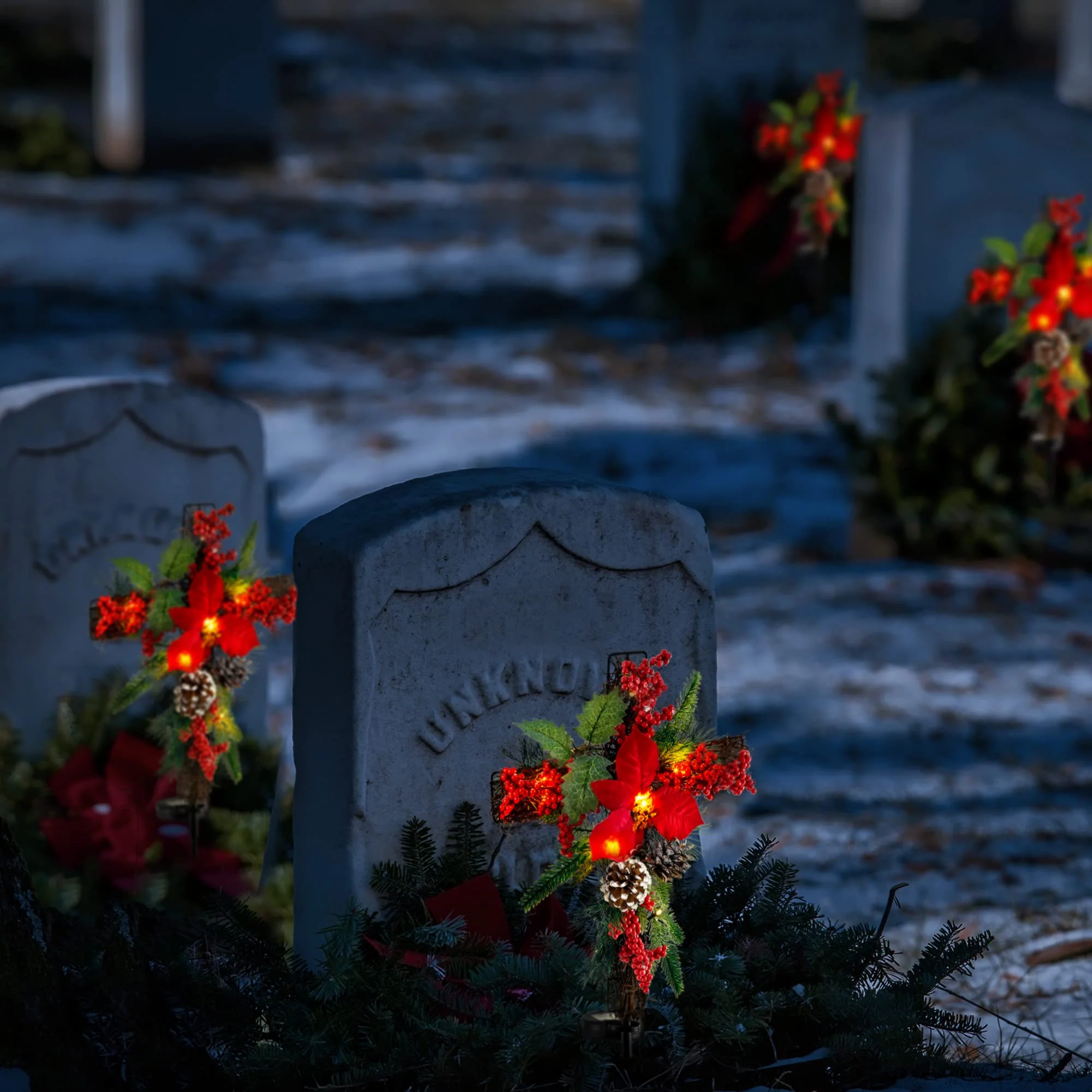 SOWSUN Solar Christmas Decorations Outdoor LED Lights, Xmas Waterproof Cross Stake, Cemetery Grave Decorations,Faux Pine Cones and Foliage Ornament Stakes for Garden Lawn Yard Cemetery, Set of 2 - Image 3