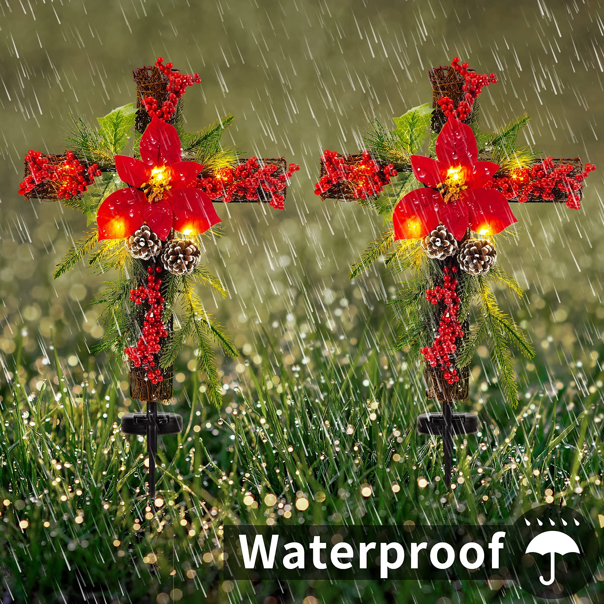 SOWSUN Solar Christmas Decorations Outdoor LED Lights, Xmas Waterproof Cross Stake, Cemetery Grave Decorations,Faux Pine Cones and Foliage Ornament Stakes for Garden Lawn Yard Cemetery, Set of 2 - Image 4