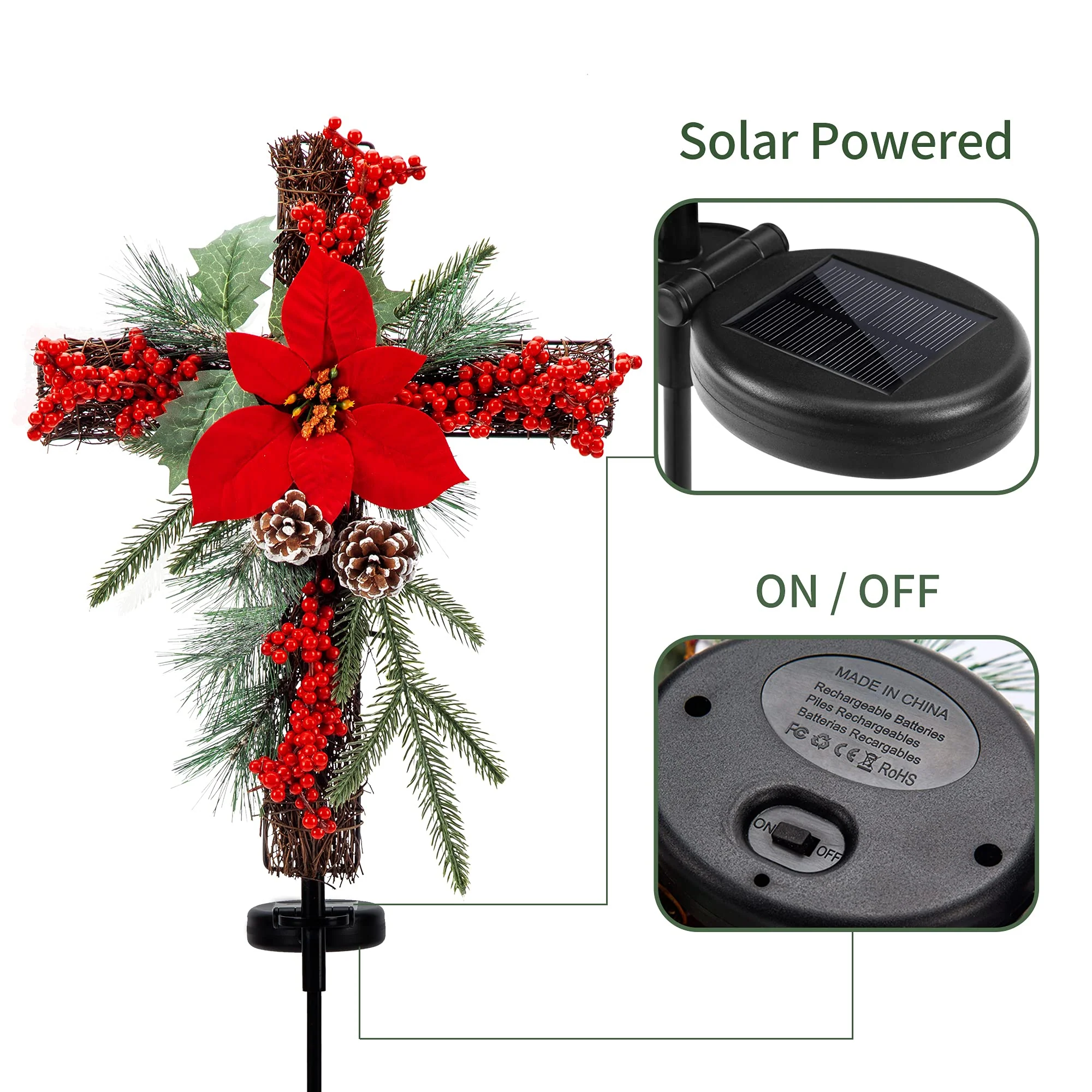SOWSUN Solar Christmas Decorations Outdoor LED Lights, Xmas Waterproof Cross Stake, Cemetery Grave Decorations,Faux Pine Cones and Foliage Ornament Stakes for Garden Lawn Yard Cemetery, Set of 2 - Image 5