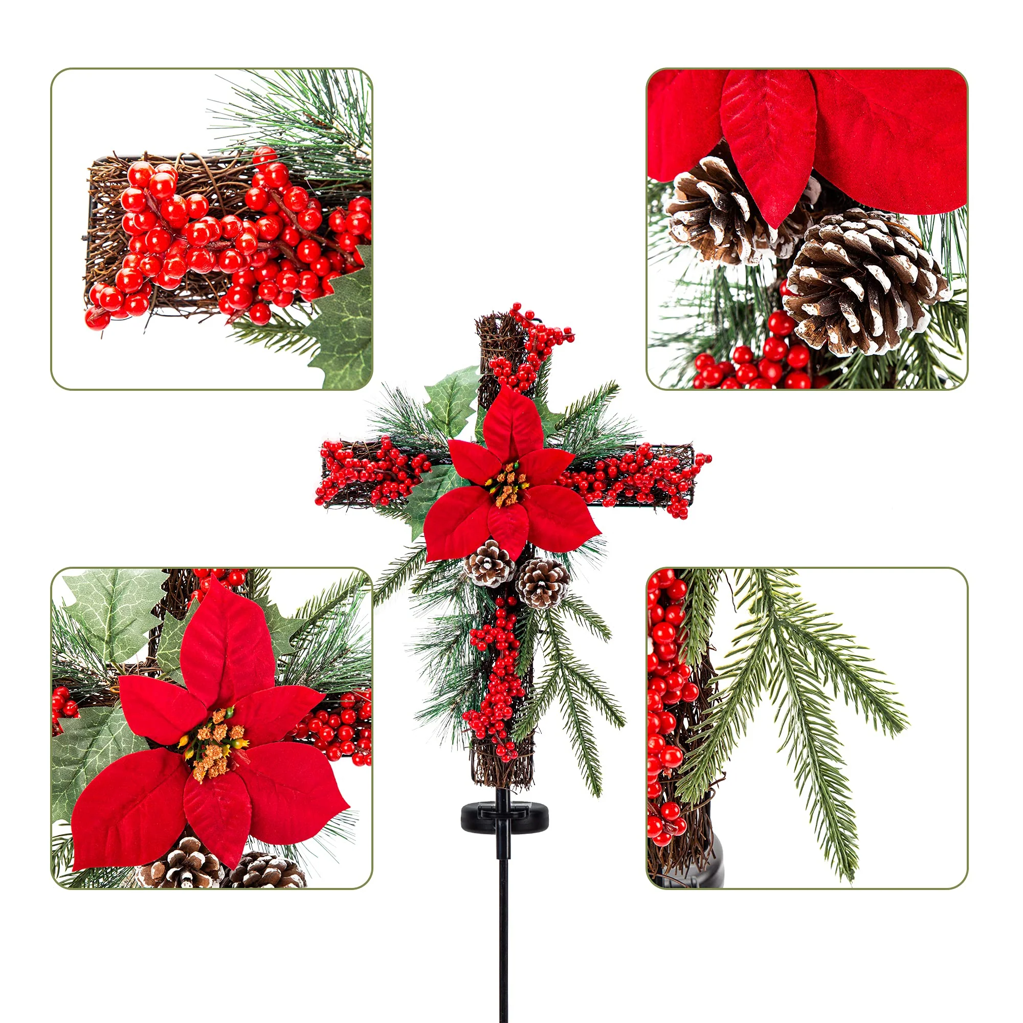 SOWSUN Solar Christmas Decorations Outdoor LED Lights, Xmas Waterproof Cross Stake, Cemetery Grave Decorations,Faux Pine Cones and Foliage Ornament Stakes for Garden Lawn Yard Cemetery, Set of 2 - Image 6