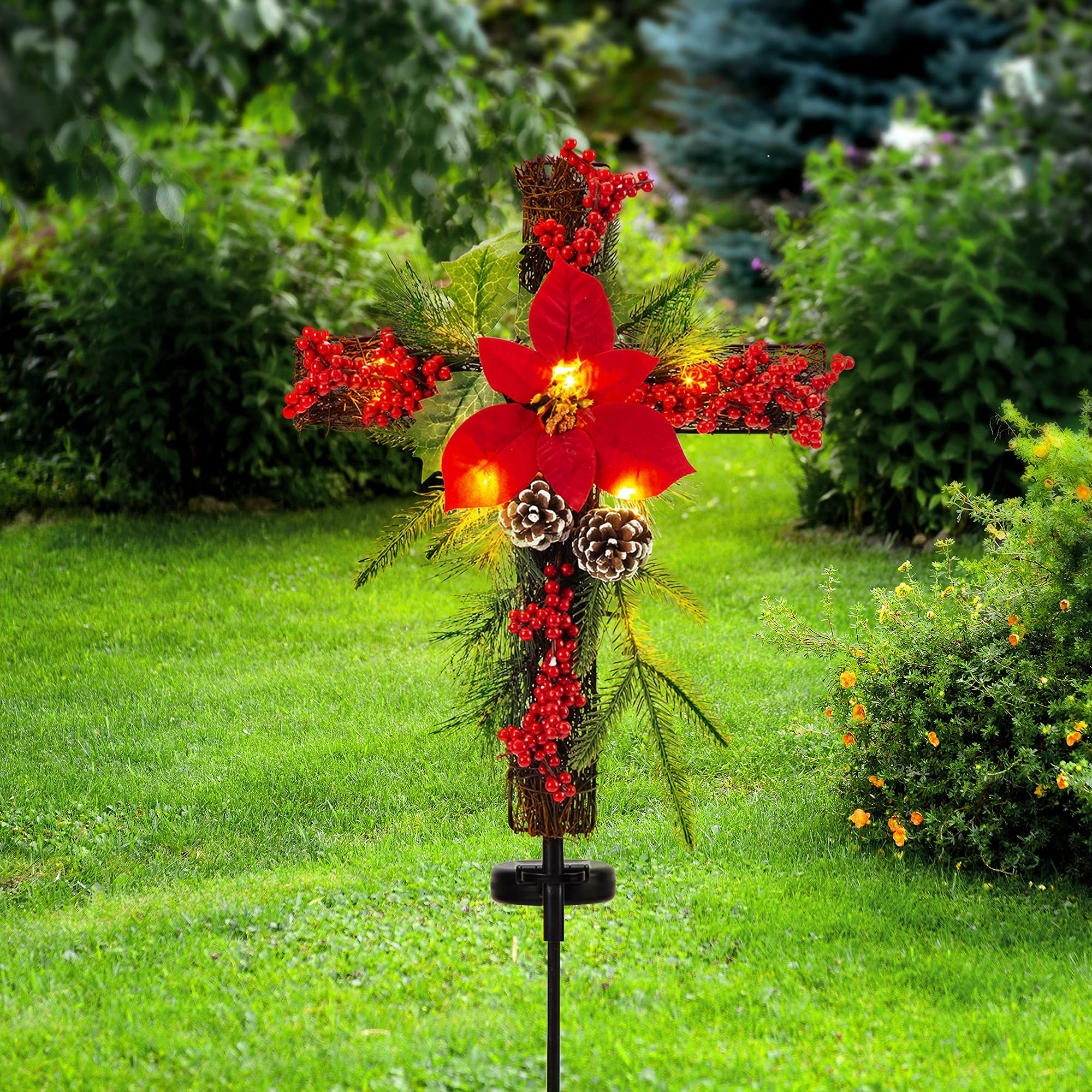 SOWSUN Solar Christmas Decorations Outdoor LED Lights, Xmas Waterproof Cross Stake, Cemetery Grave Decorations,Faux Pine Cones and Foliage Ornament Stakes for Garden Lawn Yard Cemetery, Set of 2 - Image 7