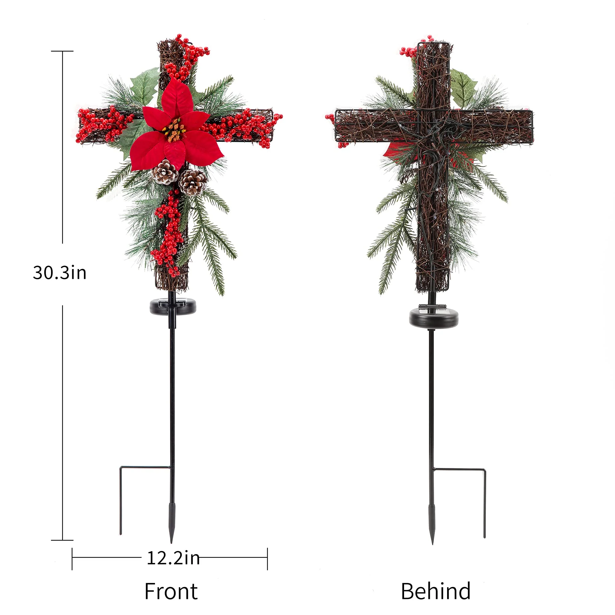 SOWSUN Solar Christmas Decorations Outdoor LED Lights, Xmas Waterproof Cross Stake, Cemetery Grave Decorations,Faux Pine Cones and Foliage Ornament Stakes for Garden Lawn Yard Cemetery, Set of 2 - Image 8