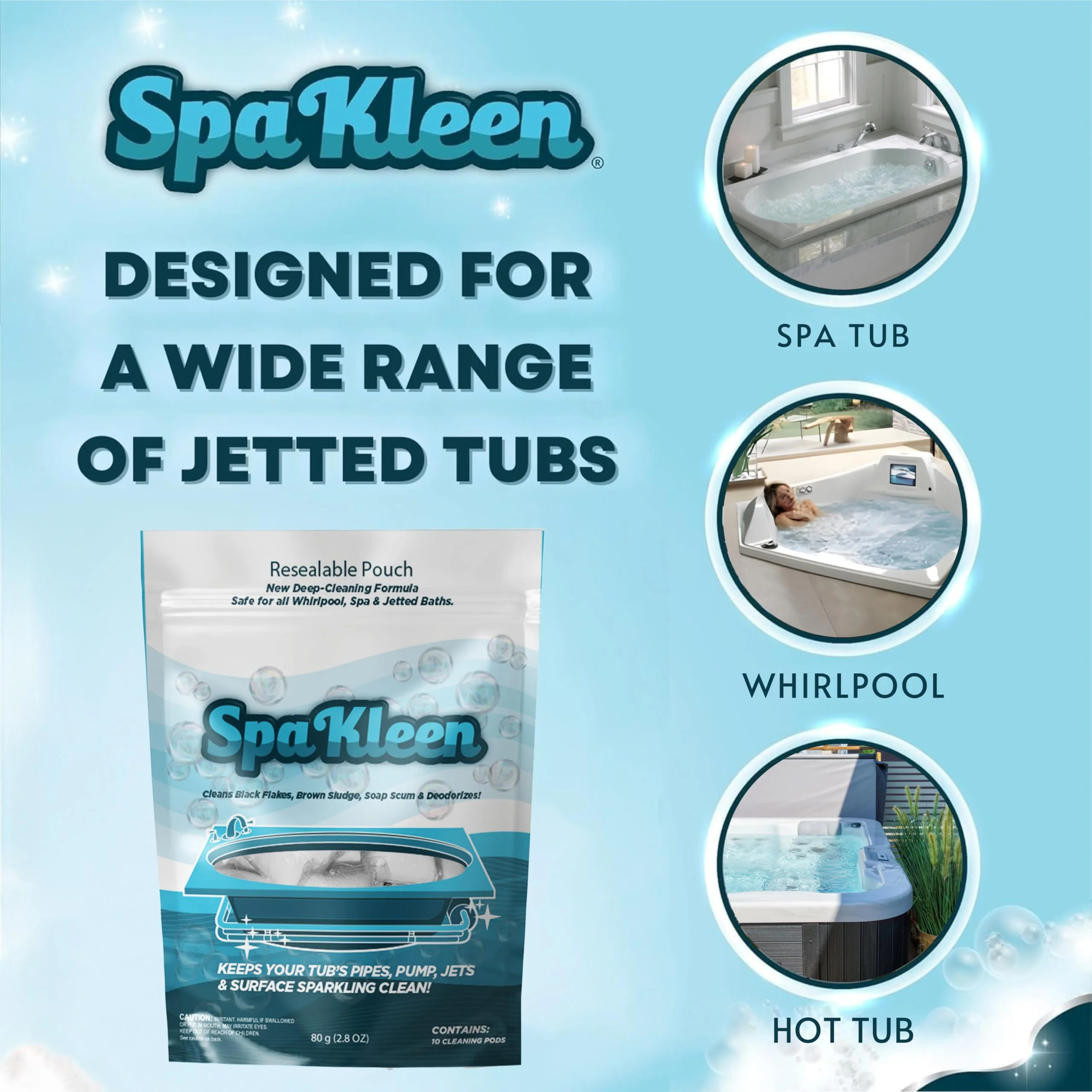 SpaKleen Jetted Tub Cleaner – Unscented, Septic Safe Powder for Whirlpool & Jacuzzi | 10 Cleanings Per Pouch | Fast 15-Minute Action | Removes Sludge, Soap Scum & Black Flakes | Made in USA - Image 3