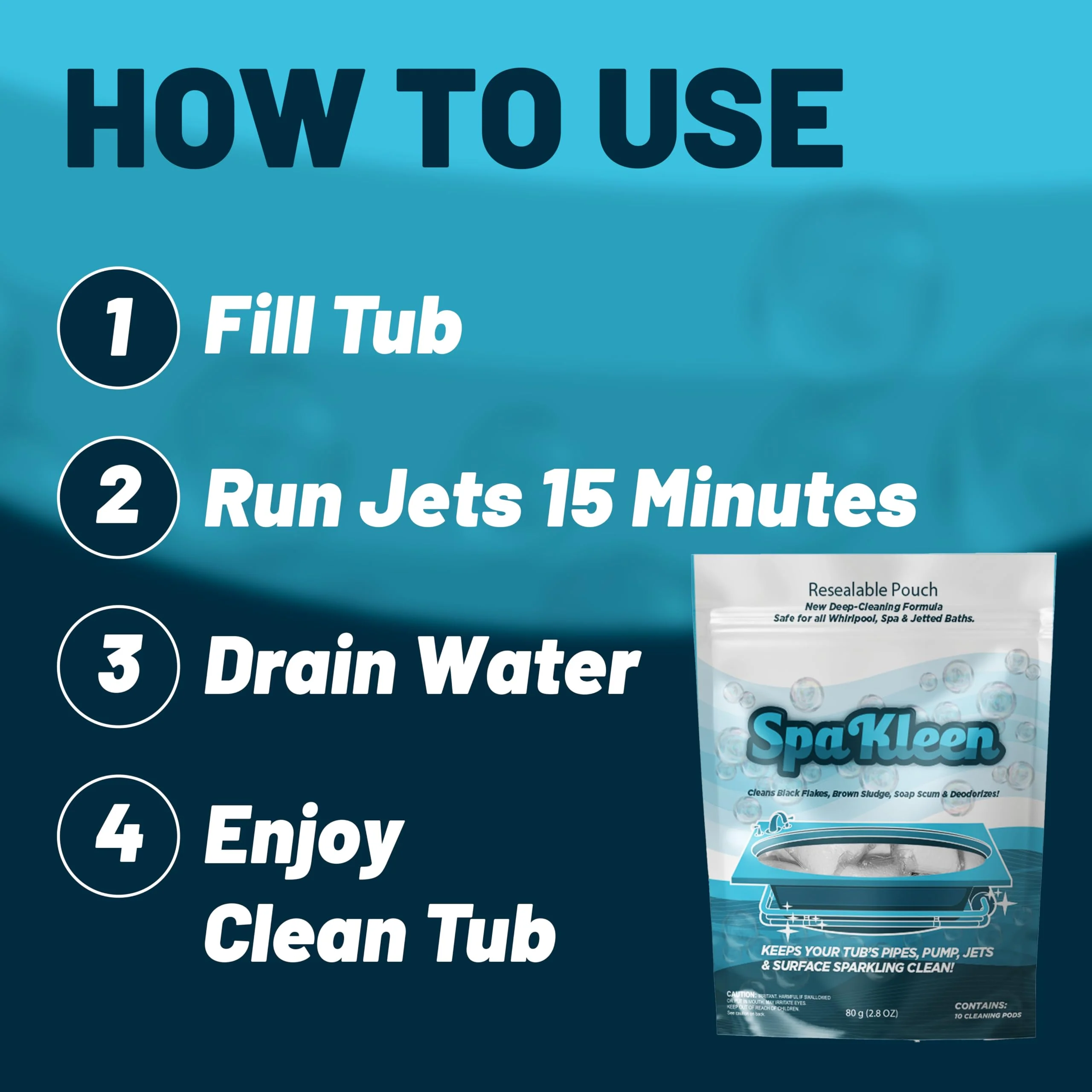 SpaKleen Jetted Tub Cleaner – Unscented, Septic Safe Powder for Whirlpool & Jacuzzi | 10 Cleanings Per Pouch | Fast 15-Minute Action | Removes Sludge, Soap Scum & Black Flakes | Made in USA - Image 6