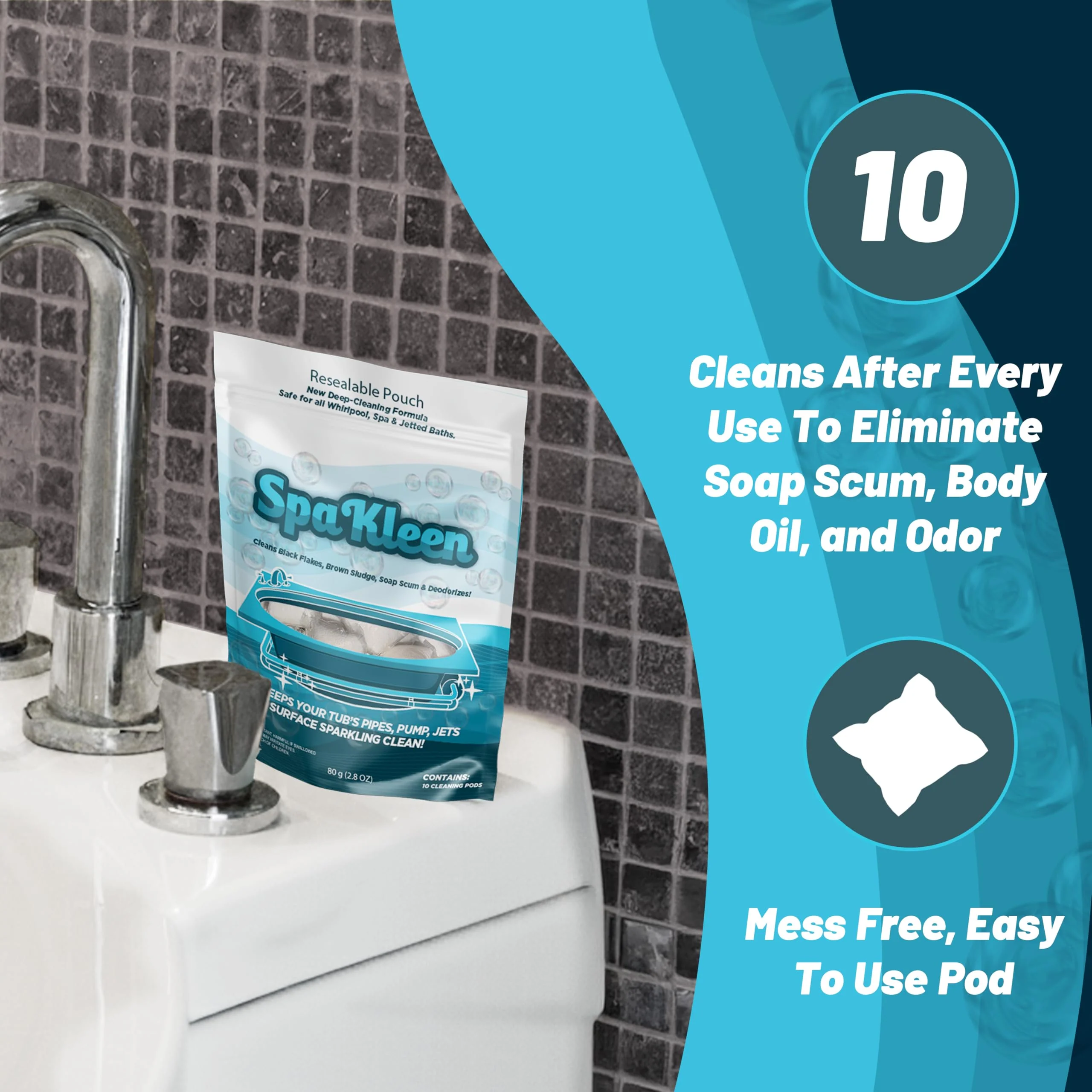 SpaKleen Jetted Tub Cleaner – Unscented, Septic Safe Powder for Whirlpool & Jacuzzi | 10 Cleanings Per Pouch | Fast 15-Minute Action | Removes Sludge, Soap Scum & Black Flakes | Made in USA - Image 8