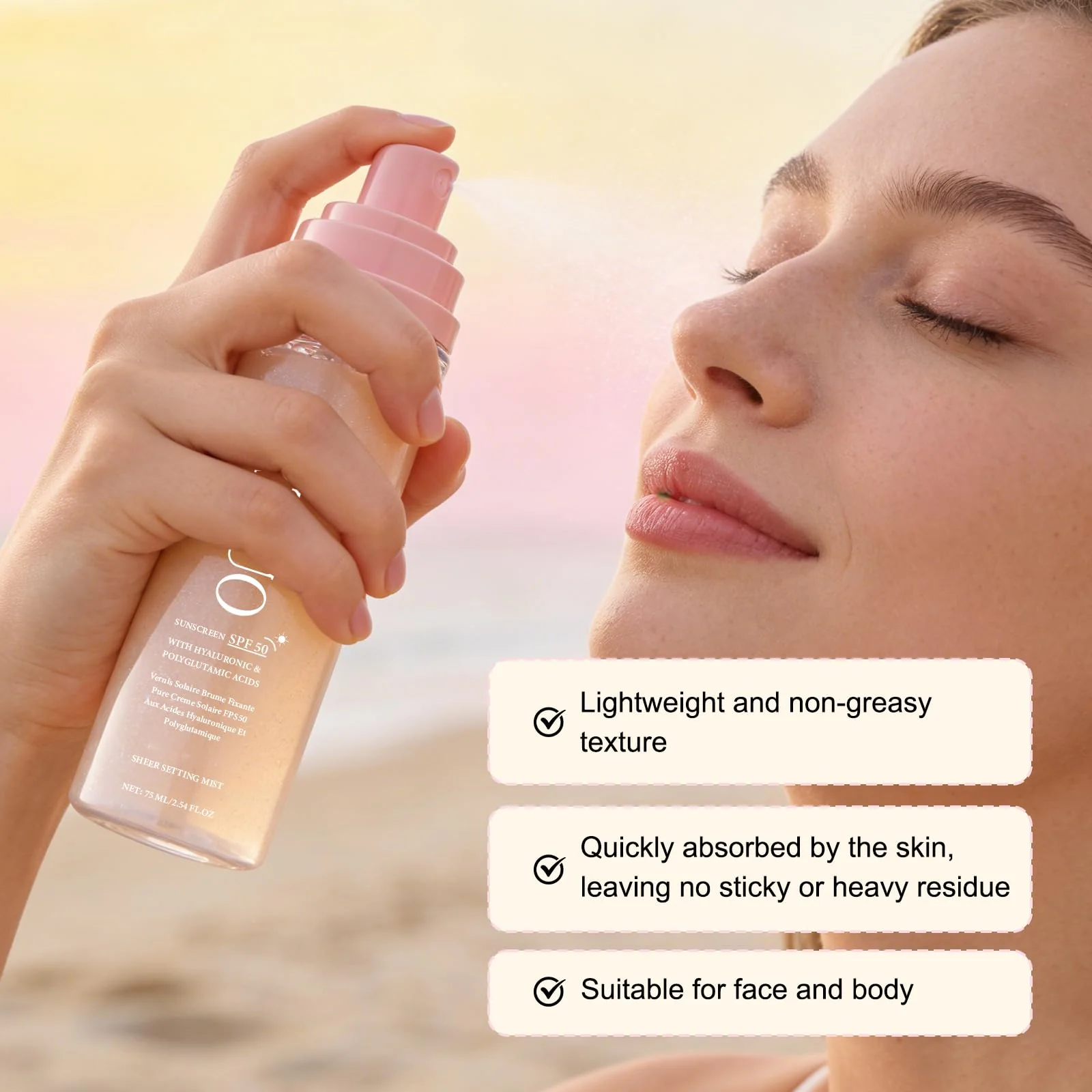 SPF Setting Spray for Face & Body - Sheer Sunscreen Mist SPF 50, Makeup-Friendly Setting Mist with Hydrating Glow, Reef-Safe & Non-Greasy for Beach, Wedding, Daily Wear (2) - Image 6
