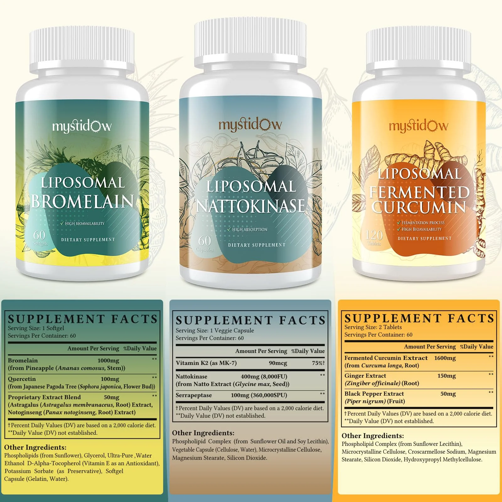 Spike Support Trio | Liposomal Nattokinase 8000 FU 500mg, Bromelain 1150 mg & Fermented Curcumin 1800 mg | High Potency, Enhanced Absorption Formula | for Immune, Heart & Circulatory| 60 Servings - Image 2