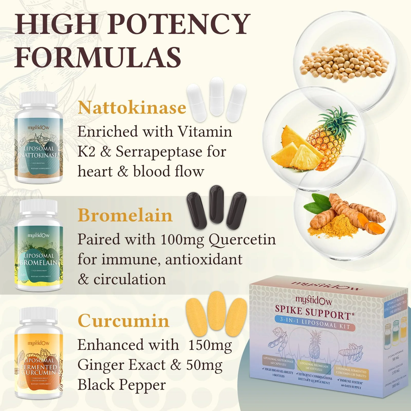 Spike Support Trio | Liposomal Nattokinase 8000 FU 500mg, Bromelain 1150 mg & Fermented Curcumin 1800 mg | High Potency, Enhanced Absorption Formula | for Immune, Heart & Circulatory| 60 Servings - Image 3