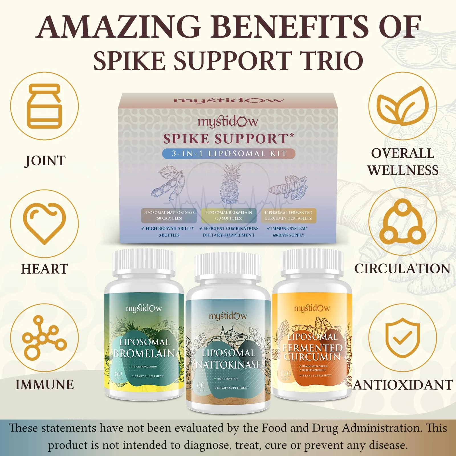 Spike Support Trio | Liposomal Nattokinase 8000 FU 500mg, Bromelain 1150 mg & Fermented Curcumin 1800 mg | High Potency, Enhanced Absorption Formula | for Immune, Heart & Circulatory| 60 Servings - Image 4