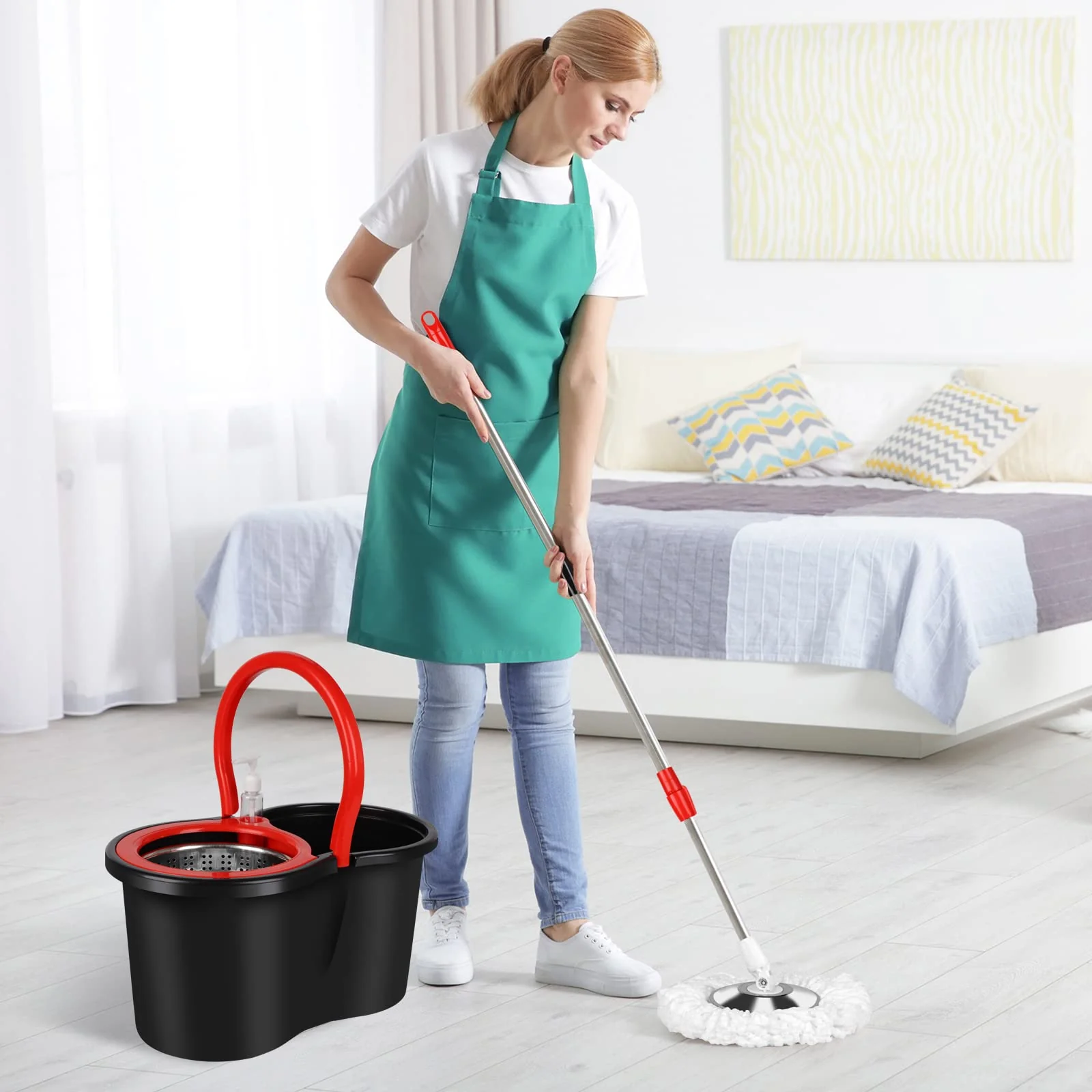 Spin Mop and Bucket with Wringer Set, 360° Spinning Mop Bucket System with 3 Microfiber Mop Replacement Heads and 61" Stainless Steel Adjustable Handle for Floor Cleaning (20QT) - Image 2