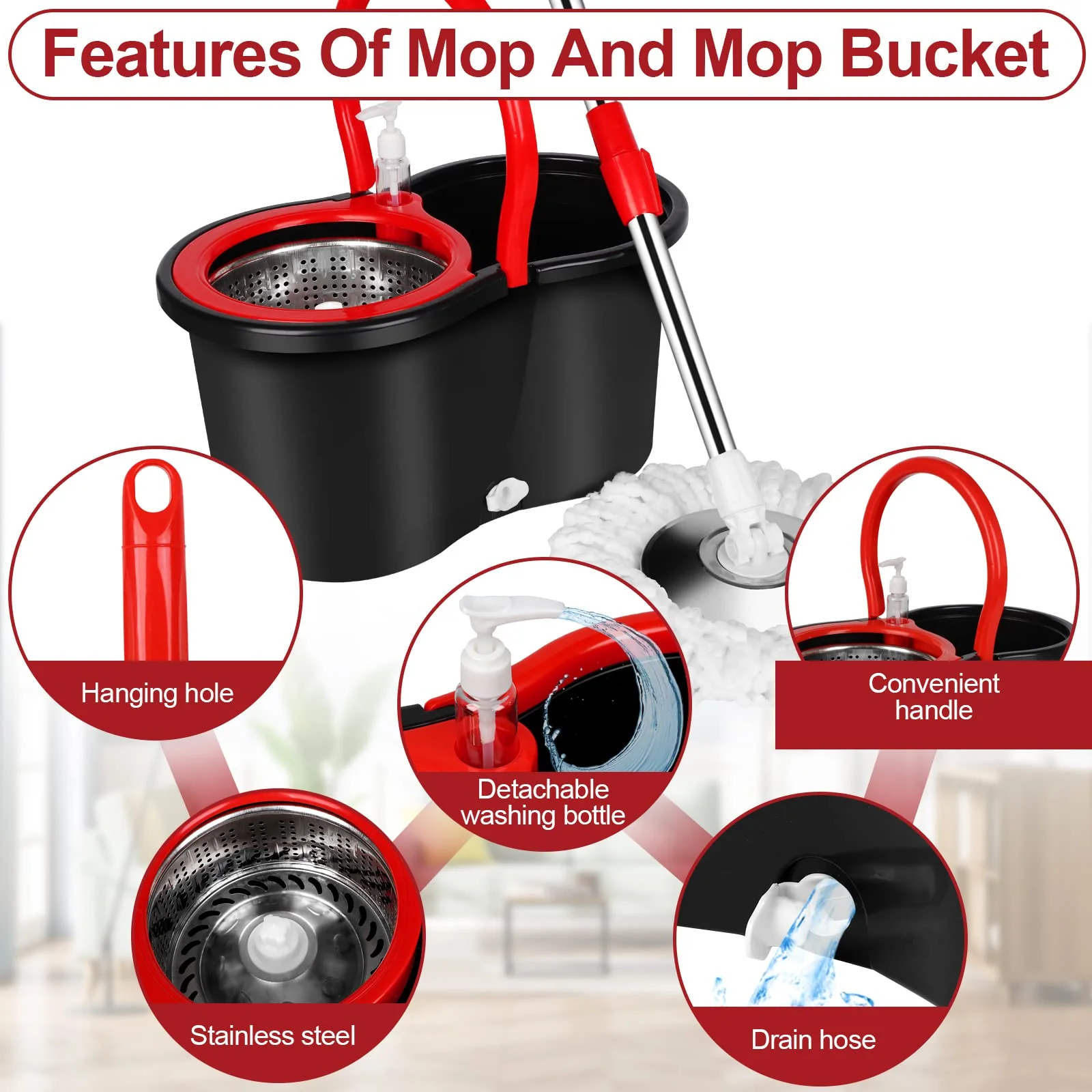 Spin Mop and Bucket with Wringer Set, 360° Spinning Mop Bucket System with 3 Microfiber Mop Replacement Heads and 61" Stainless Steel Adjustable Handle for Floor Cleaning (20QT) - Image 4