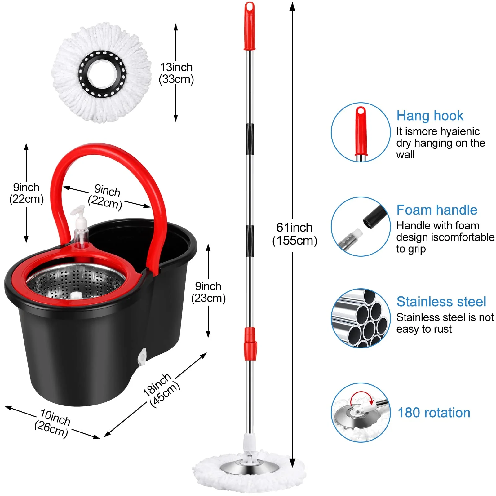 Spin Mop and Bucket with Wringer Set, 360° Spinning Mop Bucket System with 3 Microfiber Mop Replacement Heads and 61" Stainless Steel Adjustable Handle for Floor Cleaning (20QT) - Image 7