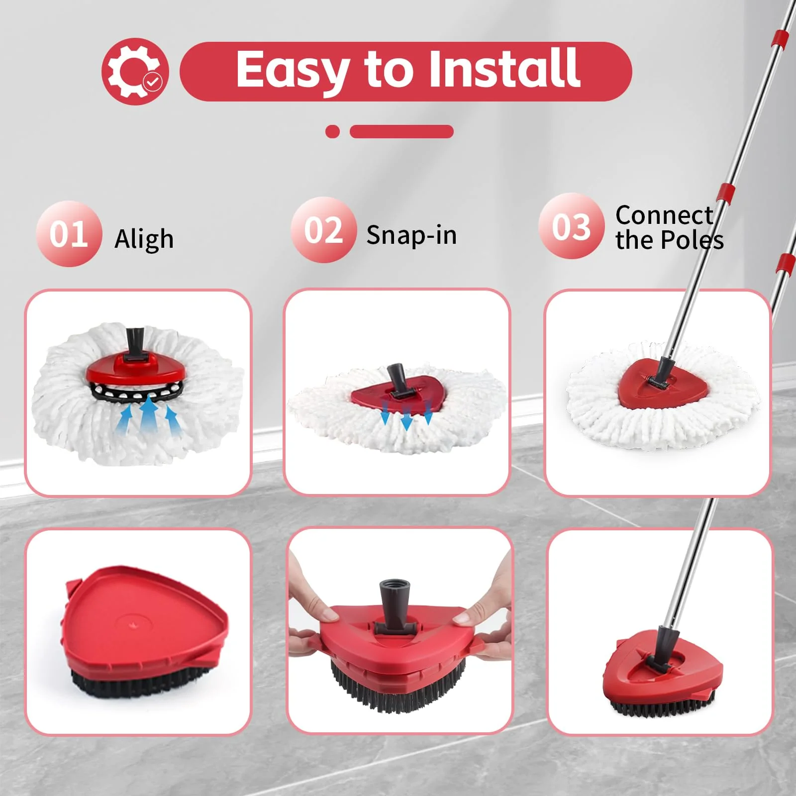 Spin Mop Replacement Mop Compatible with O Cedar 1 Tank System, 2 Microfiber Mop Heads Replacements, 58" Mop Replace Handle, 1 Scrub Brush Attachment and 1 Mop Base for Ocedar EasyWring Spin Mop - Image 3