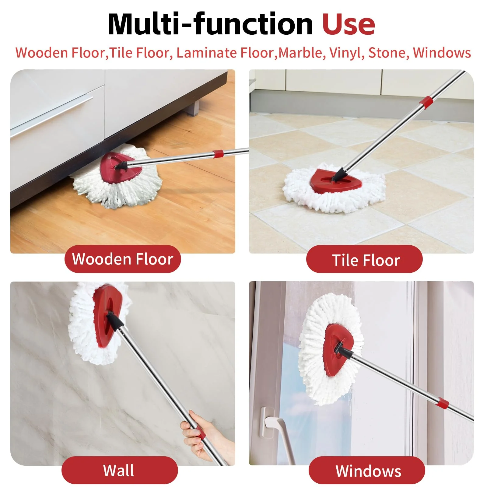 Spin Mop Replacement Mop Compatible with O Cedar 1 Tank System, 2 Microfiber Mop Heads Replacements, 58" Mop Replace Handle, 1 Scrub Brush Attachment and 1 Mop Base for Ocedar EasyWring Spin Mop - Image 5