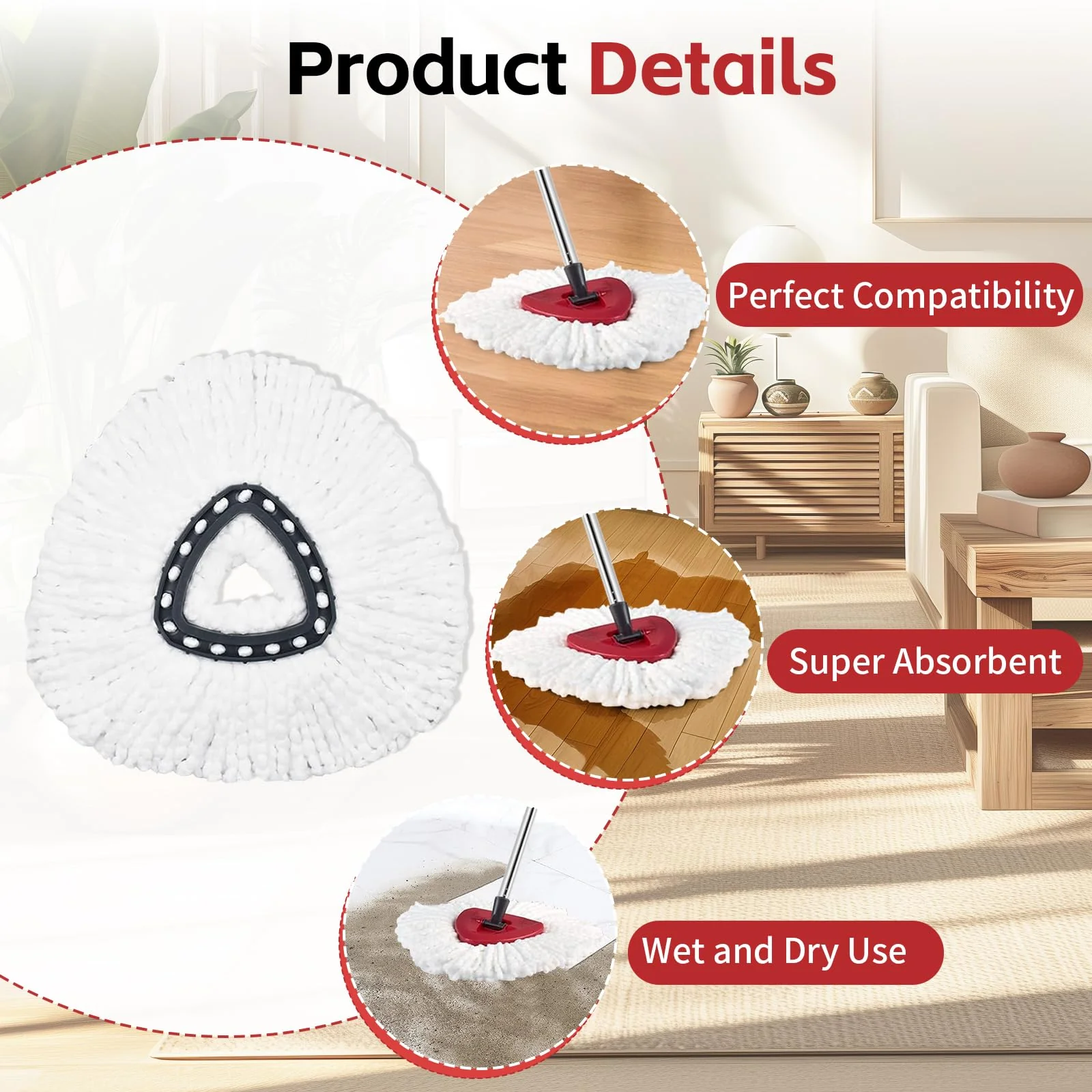Spin Mop Replacement Mop Compatible with O Cedar 1 Tank System, 2 Microfiber Mop Heads Replacements, 58" Mop Replace Handle, 1 Scrub Brush Attachment and 1 Mop Base for Ocedar EasyWring Spin Mop - Image 7