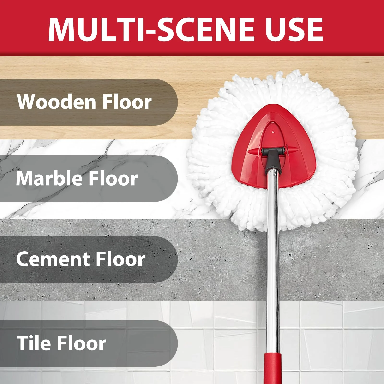 Spin Mop Replacement Set for O-Ceda EasyWring 1-Tank System, Includes 2 Mop Head Replacement, 1 Mop Handle (30-58in Adjustable 4-Section Pole), 1 Scrubber Head, 1 Spin Base - Image 2