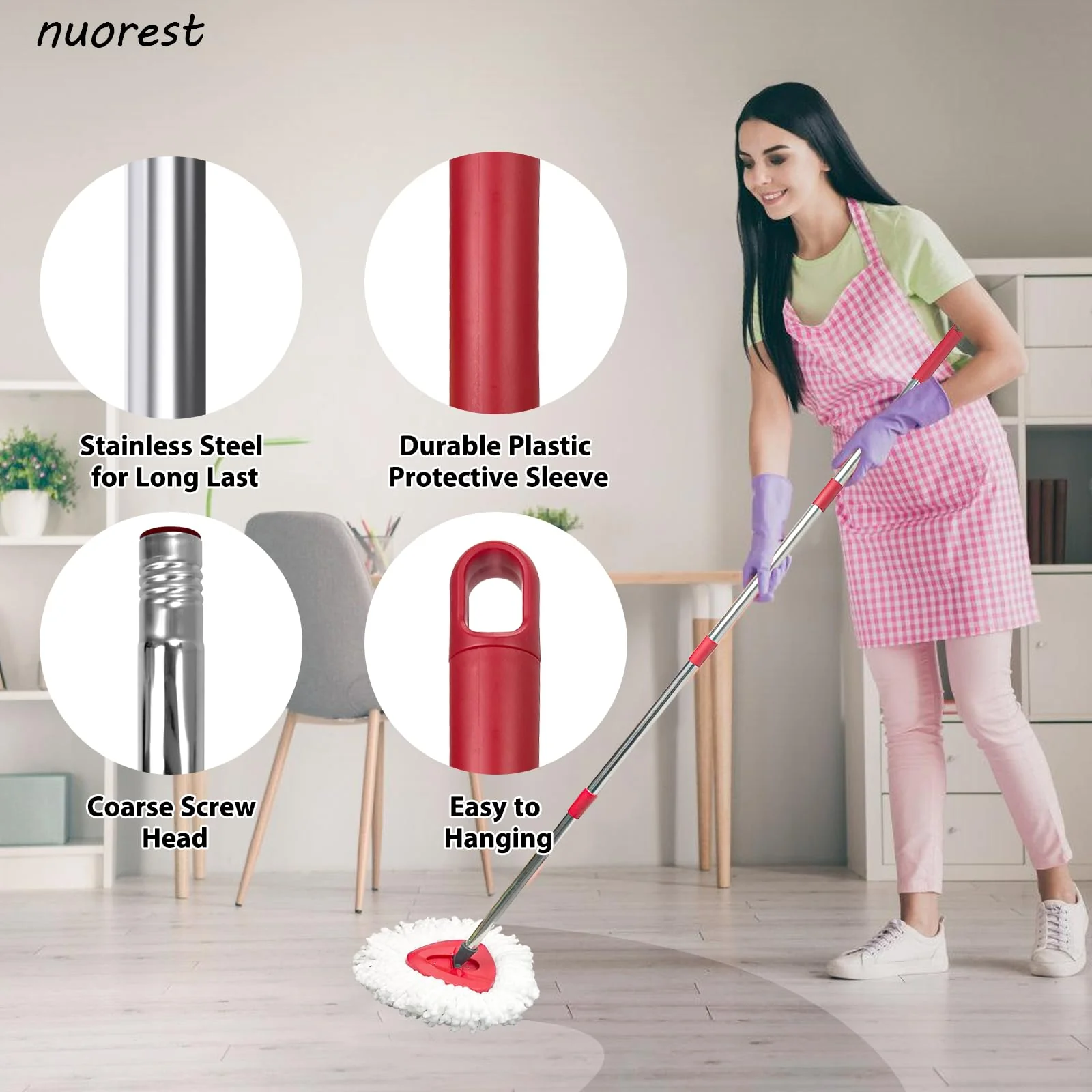 Spin Mop Replacement Set for O-Ceda EasyWring 1-Tank System, Includes 2 Mop Head Replacement, 1 Mop Handle (30-58in Adjustable 4-Section Pole), 1 Scrubber Head, 1 Spin Base - Image 6