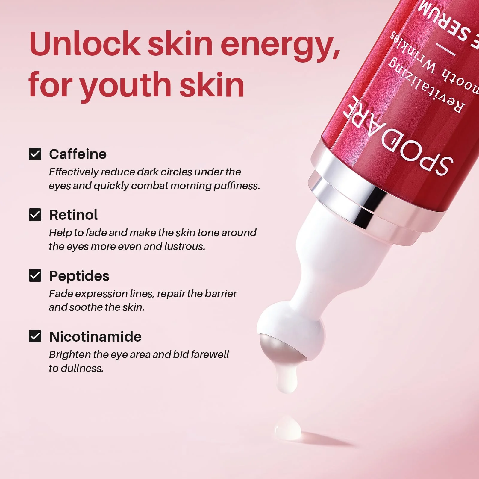 SPODARE Caffeine & Retinol Eye Serum for Dark Circles, Puffiness and Wrinkles, Under Eye Cream with Hyaluronic Acid, Niacinamide & Peptides, Roller Serum with 360°Massage Ball - 0.5 fl. oz - Image 6