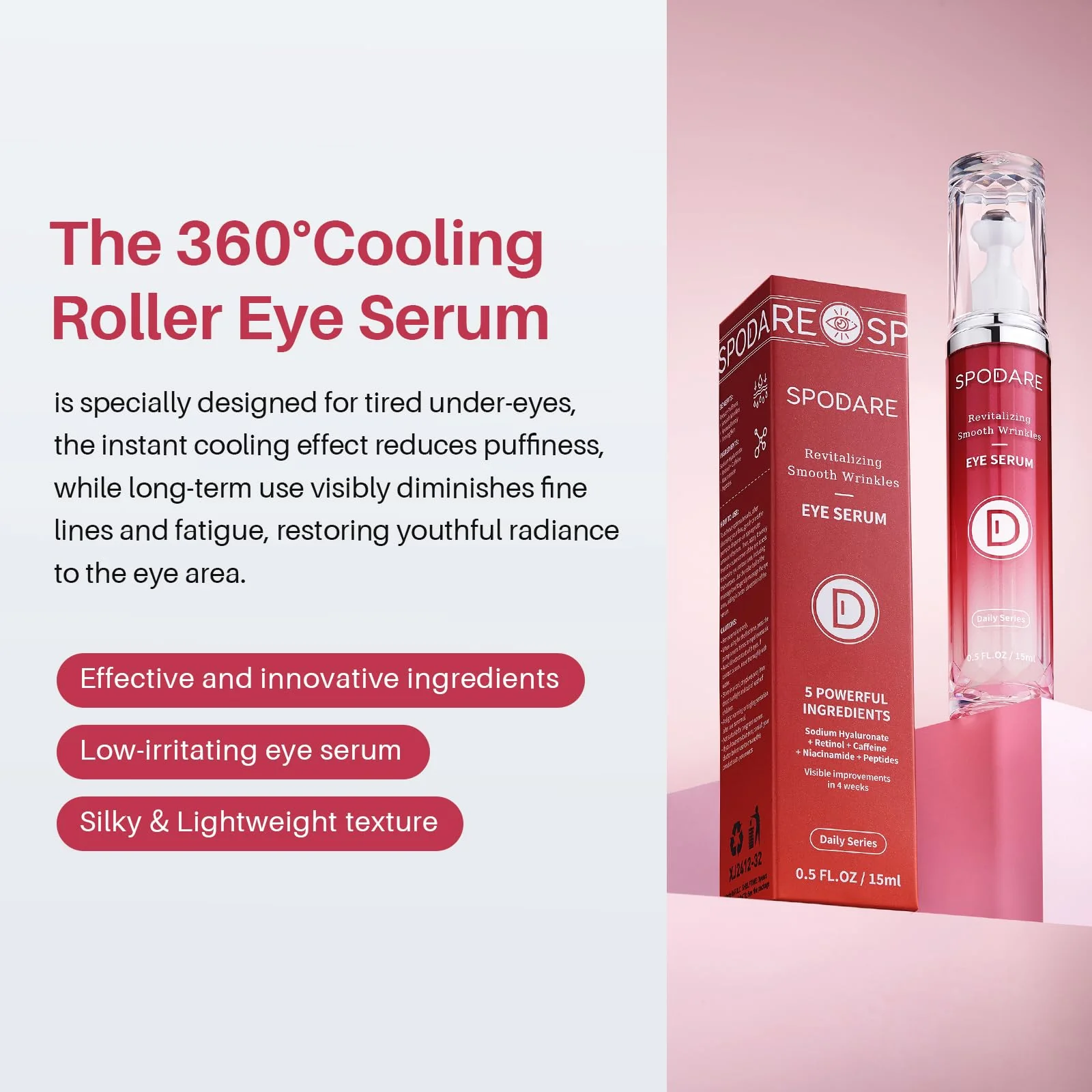 SPODARE Caffeine & Retinol Eye Serum for Dark Circles, Puffiness and Wrinkles, Under Eye Cream with Hyaluronic Acid, Niacinamide & Peptides, Roller Serum with 360°Massage Ball - 0.5 fl. oz - Image 9