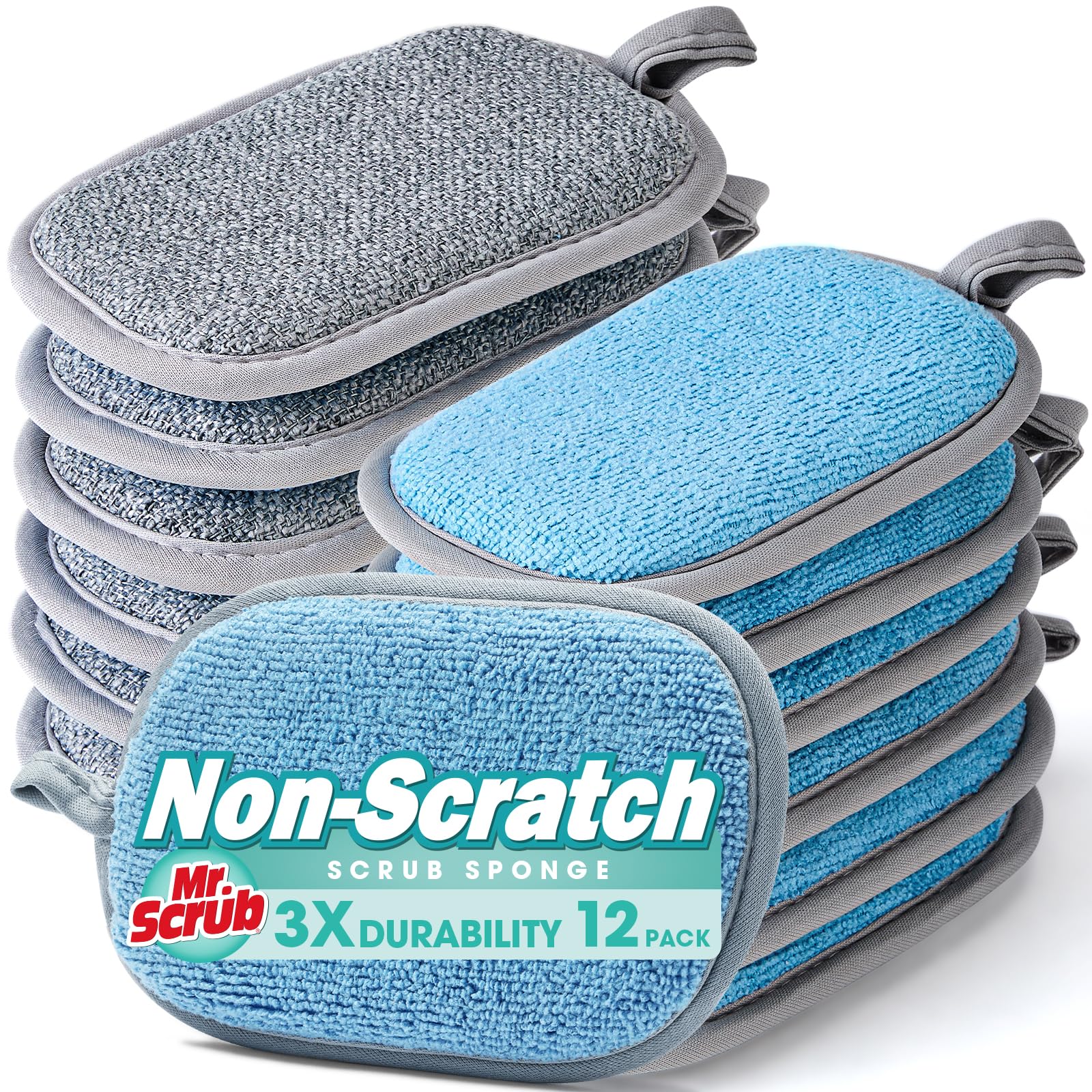 Sponges Kitchen Dish Sponge for Washing Dishes Cleaning Kitchen, All-Purpose, 12 Pack, Non Scratch, Rough Scrubbers Side for Non-Stick Cookware, Soft Microfiber Scrub Side for Dishes, Mr. Scrub