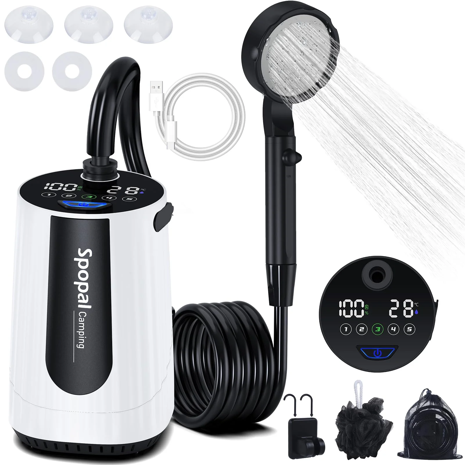 Spopal Portable Shower for Camping, [Upgraded] 10000mAh Rechargeable Camping Shower with 5 Adjustable Speeds,Premium LED Display, IPX8 Waterproof Outdoor Shower Kit for Hiking, Car, Pet, Travel (W)