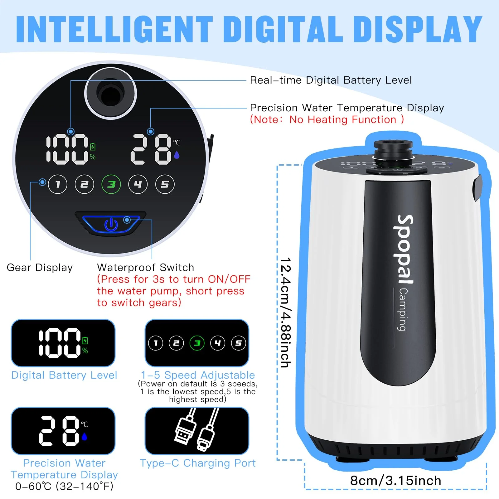 Spopal Portable Shower for Camping, [Upgraded] 10000mAh Rechargeable Camping Shower with 5 Adjustable Speeds,Premium LED Display, IPX8 Waterproof Outdoor Shower Kit for Hiking, Car, Pet, Travel (W) - Image 6