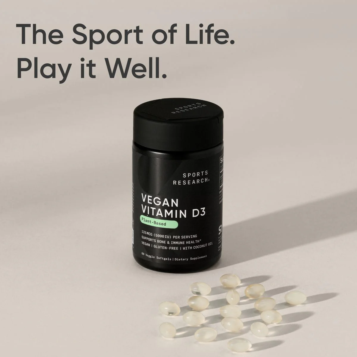 Sports Research Vegan Vitamin D3 5000IU (125 mcg) with Coconut Oil | 100% Plant-Based Vitamin D for Bone, Joint & Immune Support | Carrageenan Free, Vegan Certified & Non-GMO Verified (60 Softgels) - Image 3