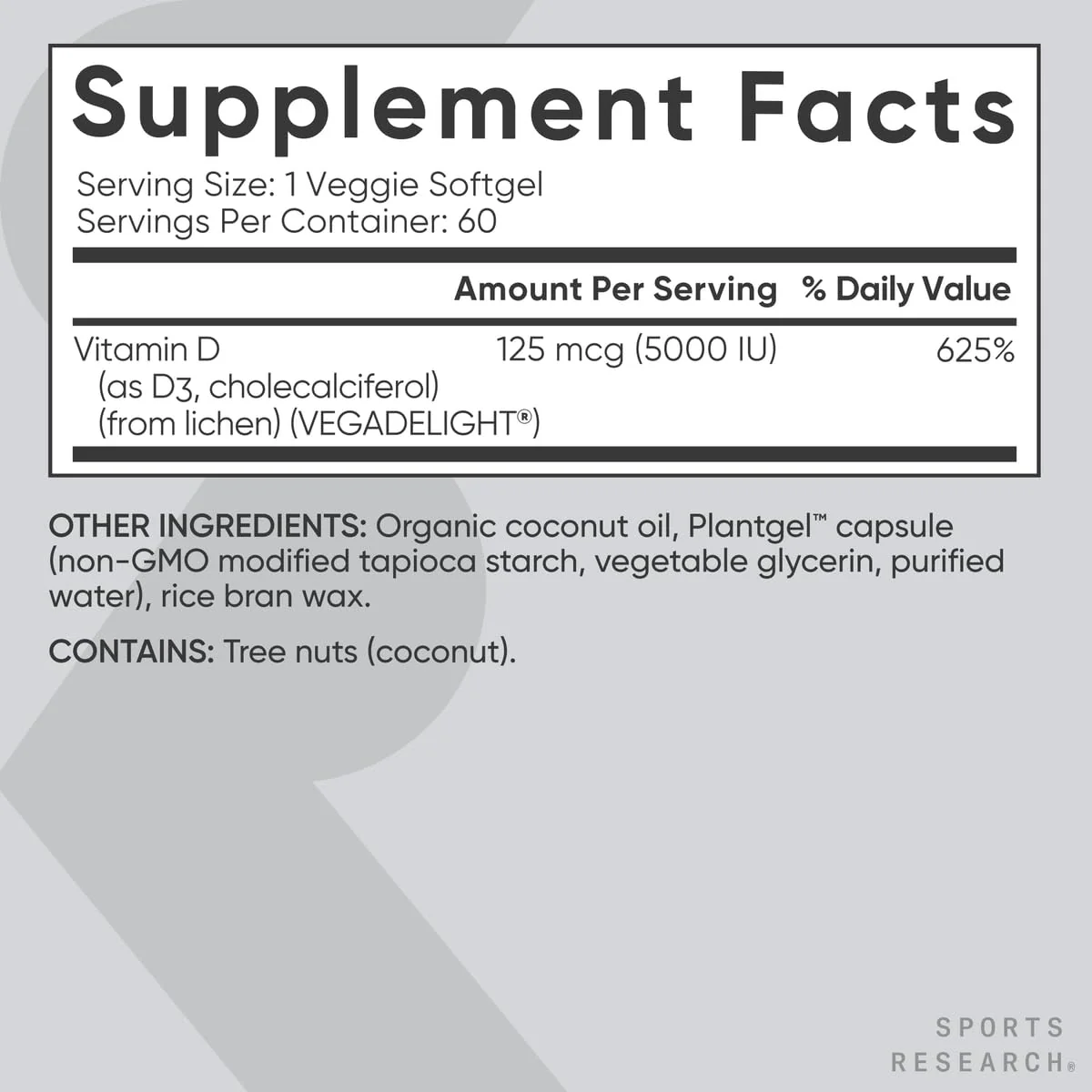 Sports Research Vegan Vitamin D3 5000IU (125 mcg) with Coconut Oil | 100% Plant-Based Vitamin D for Bone, Joint & Immune Support | Carrageenan Free, Vegan Certified & Non-GMO Verified (60 Softgels) - Image 5