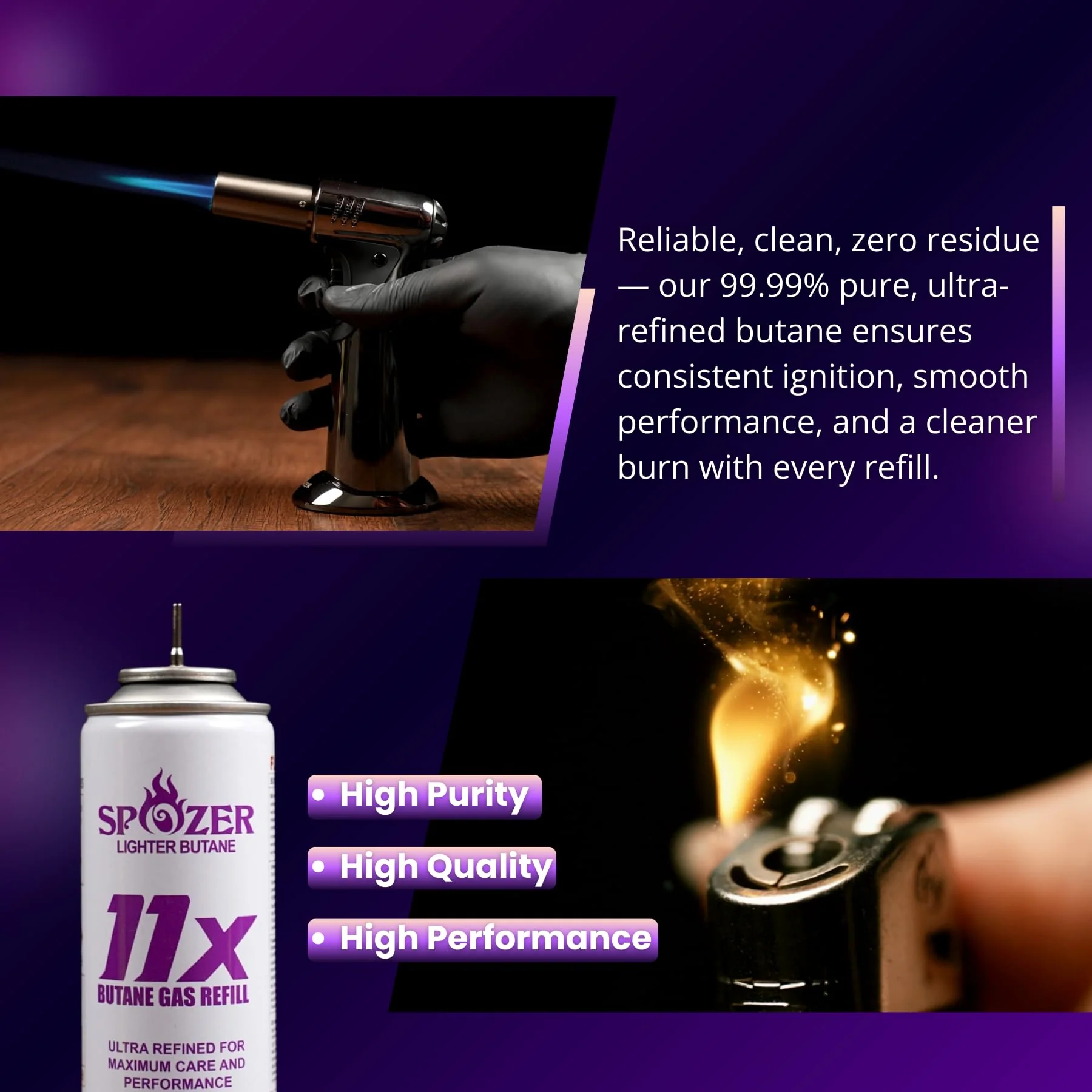 SPOZER 11X Premium Butane Fuel Refill, Universal 99.99% Ultra Pure Butane Gas for Torch Lighters, 300ml(10.14 FL.Oz) Cans, 2 Display Box(Pack of 24) - Image 4