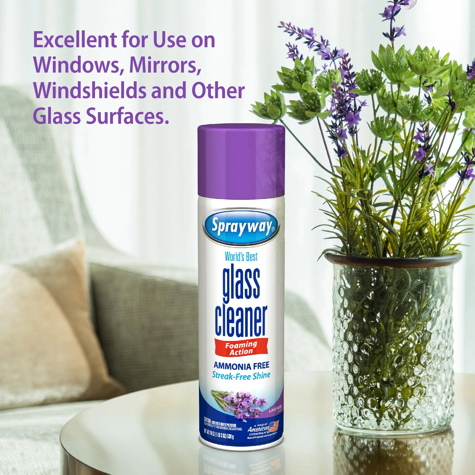 Sprayway Glass Cleaner Lavender Scent Foaming Aerosol Spray, 19oz, Ammonia-Free, Streakless, Fast-Acting | Cleans & Polishes Glass Surfaces | Removes Fingerprints, Dust, Dirt, 6 Count (Pack of 2) - Image 4