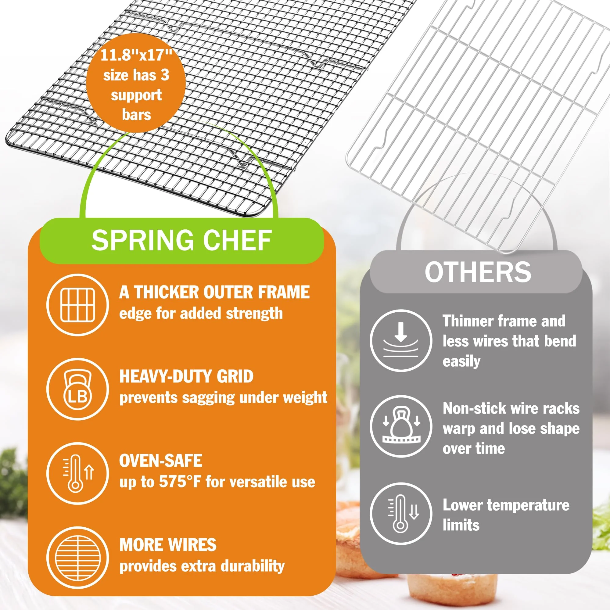 Spring Chef 11.8" x 17" Stainless Steel Cookie Cooling Rack - Oven Safe - Baking Rack for Bacon, BBQ, Jerky, Bread, Pizza, Cake - Fits Half Sheet Roasting Pan - Dishwasher Safe - Image 8