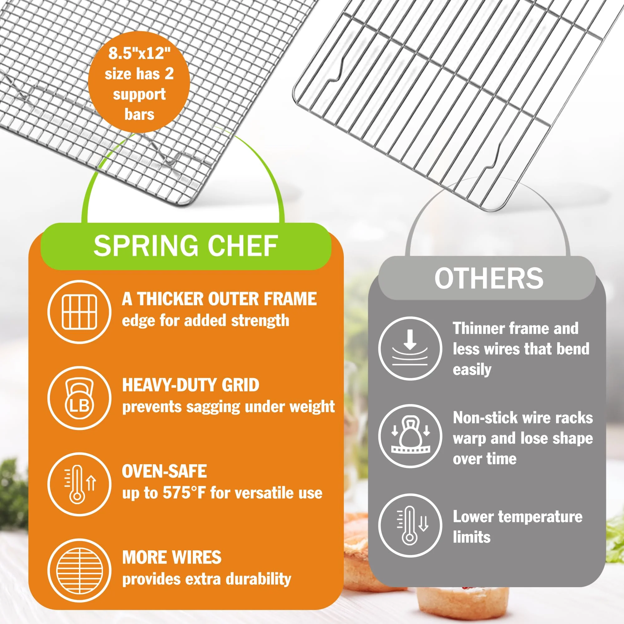 Spring Chef 8.5" x 12" Stainless Steel Cooling Racks, Wire Rack for Baking Sheet - Fits Small Quarter Sheet Pan - Perfect for Cooking, Baking, Grilling, Smoking - Dishwasher Safe - Set of 2 - Image 7