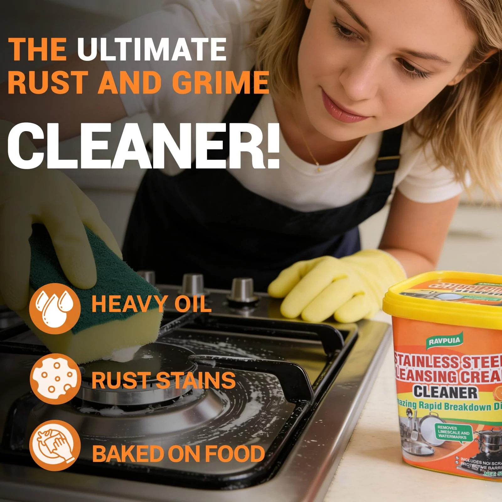 STAINLESS STEEL CLEANER & POLISH - Heavy Duty Cleaning Paste for Stove, Oven, Pans, Cookware, Sink | All Purpose Multi-Purpose Household Cleaner | Removes Grease & Stains | with 2 Sponges (500g) - Image 6